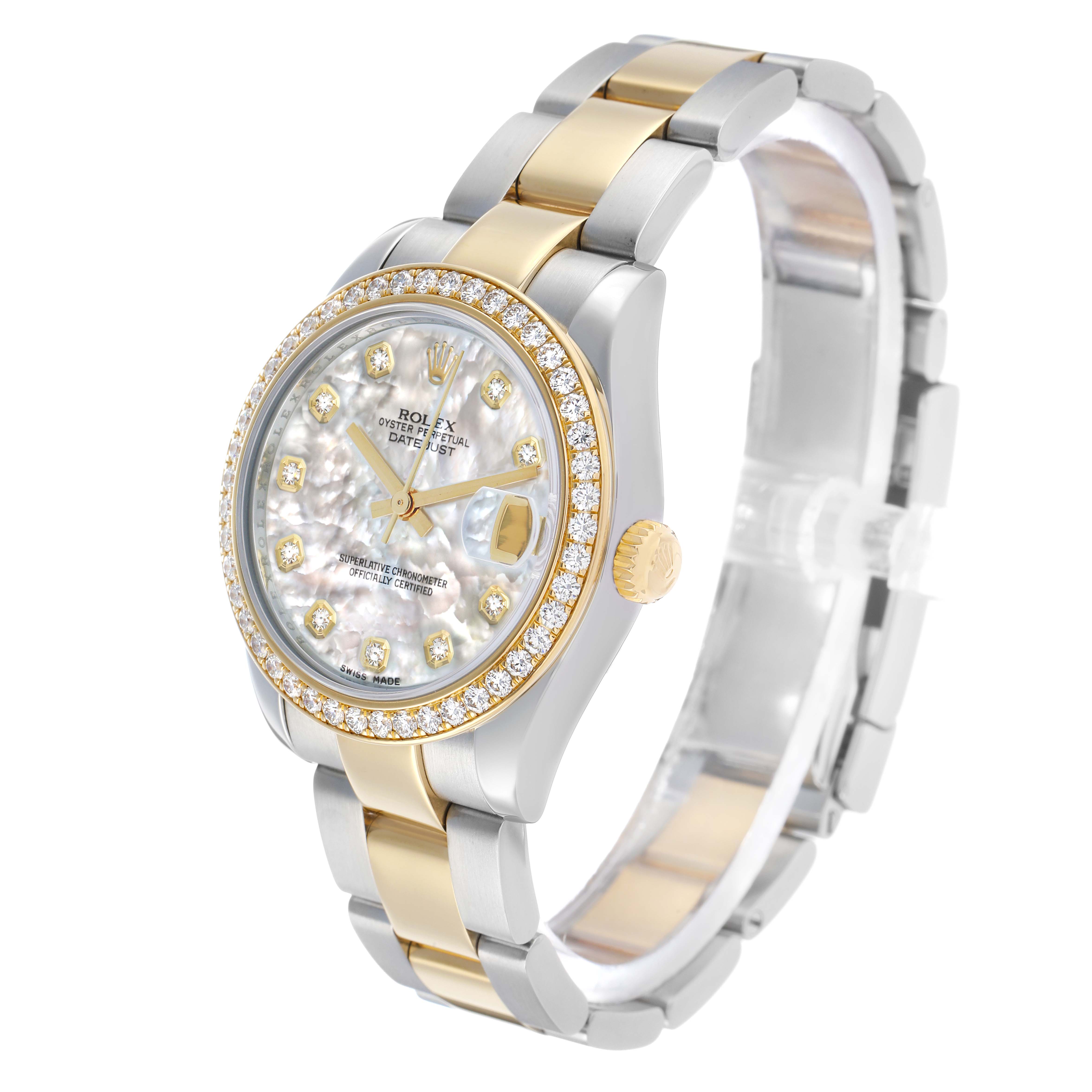 The Rolex Mid-Size 178383 Women's Steel and Gold (two tone) Mother of Pearl Dial watch is shown from a three-quarter angle, displaying the dial, bezel, crown, and bracelet.