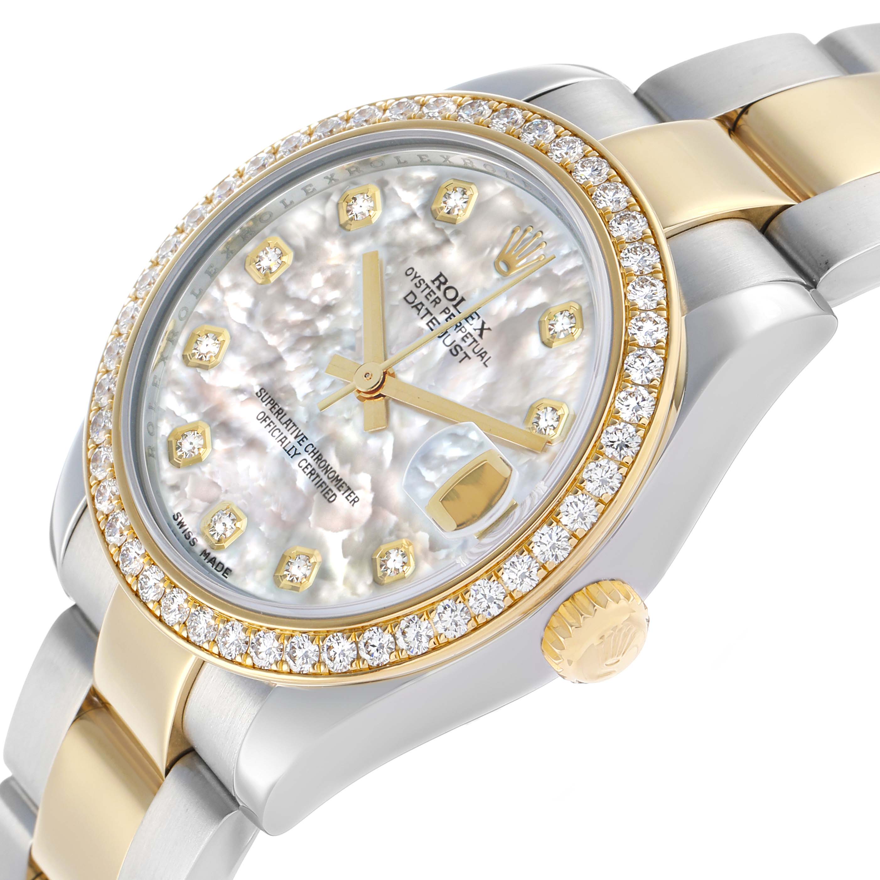 This Rolex Mid-Size 178383 Women's Steel and Gold (two tone) Mother of Pearl Dial watch is shown at a slight angle showcasing its diamond bezel, mother-of-pearl dial, and two-tone bracelet.