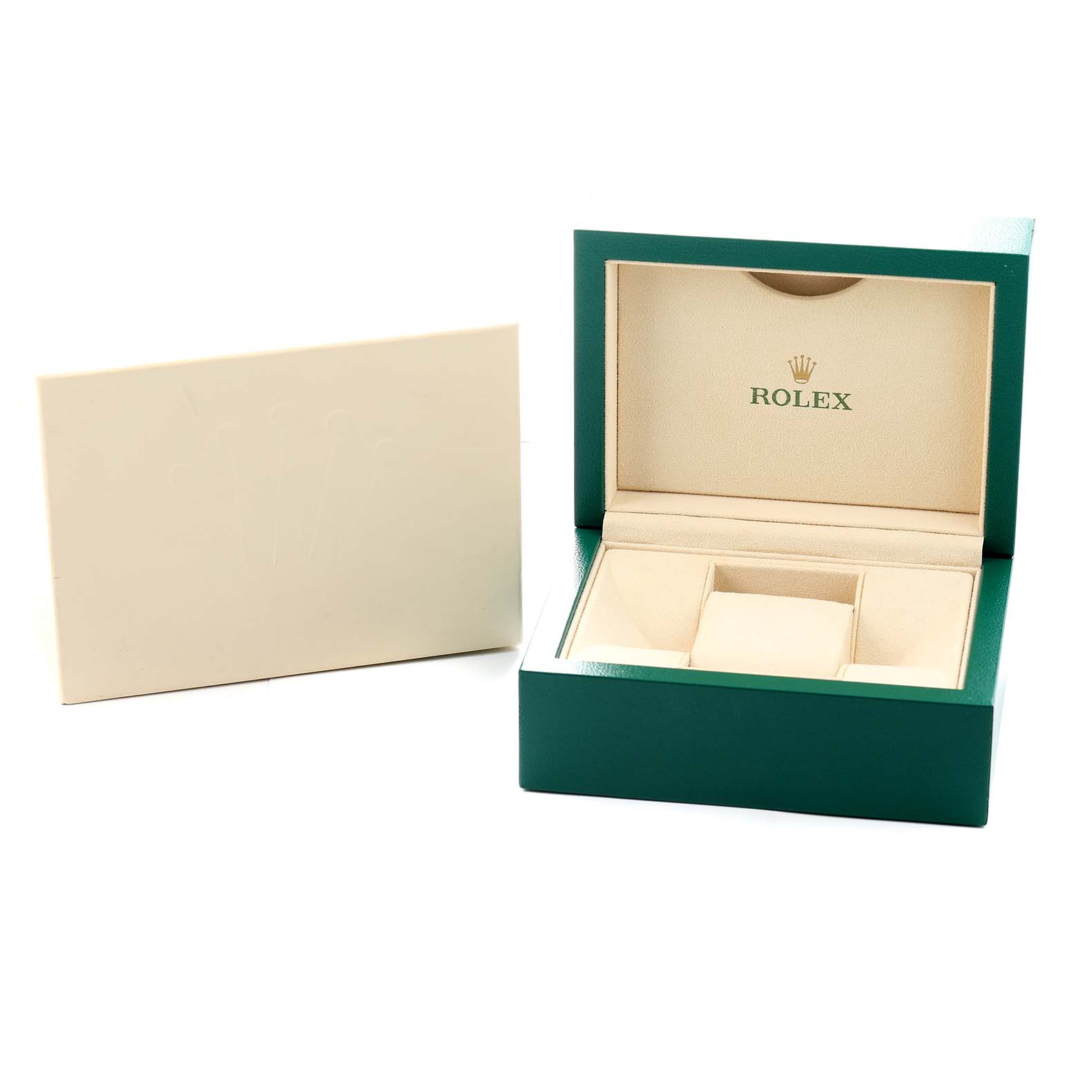 The image shows an open Rolex watch box, slightly angled, with compartments, alongside a closed beige outer box.