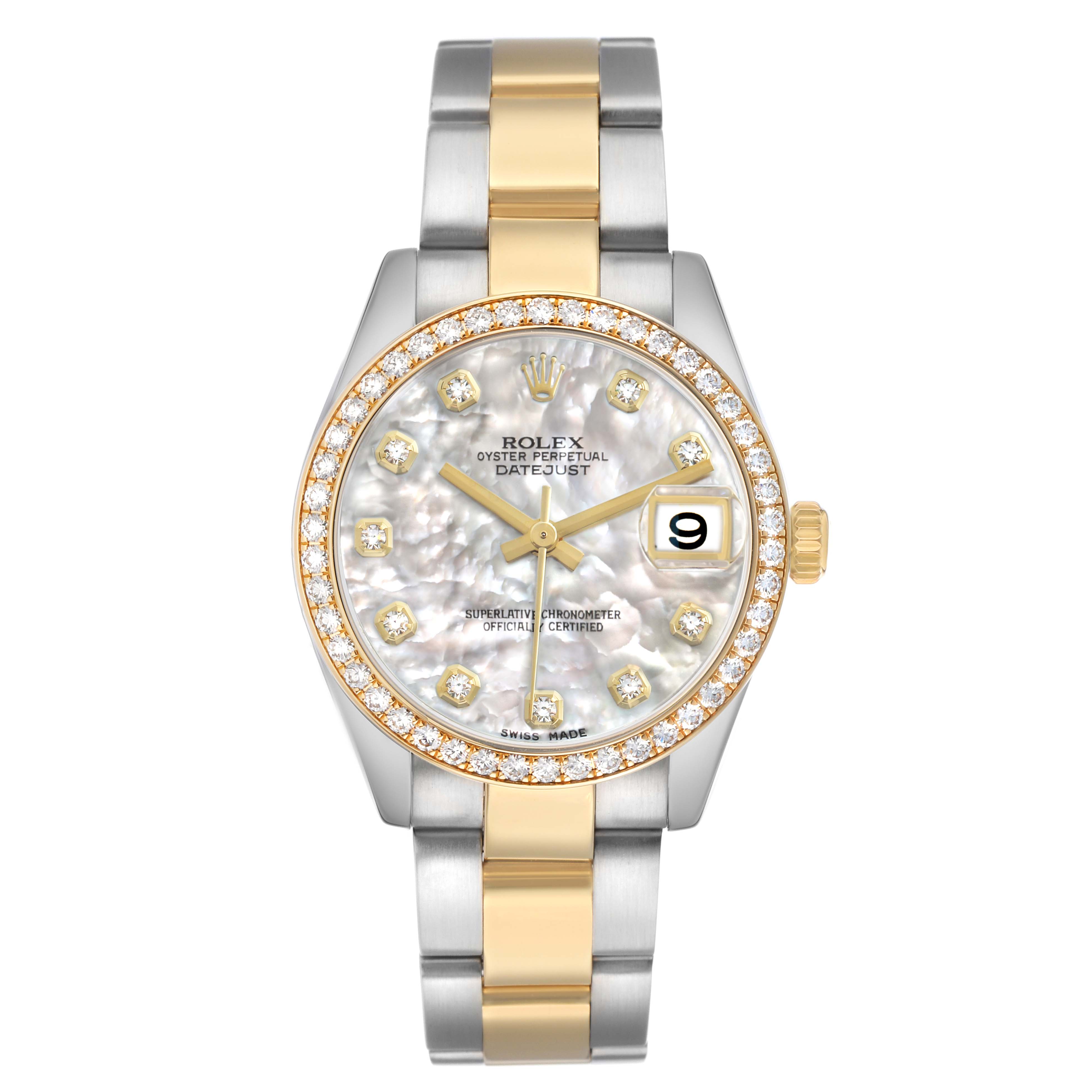 This Rolex Mid-Size 178383 Women's Steel and Gold (two tone) Mother of Pearl Dial Oyster Perpetual Datejust is shown from a top-down angle, highlighting the dial, bezel, and bracelet.