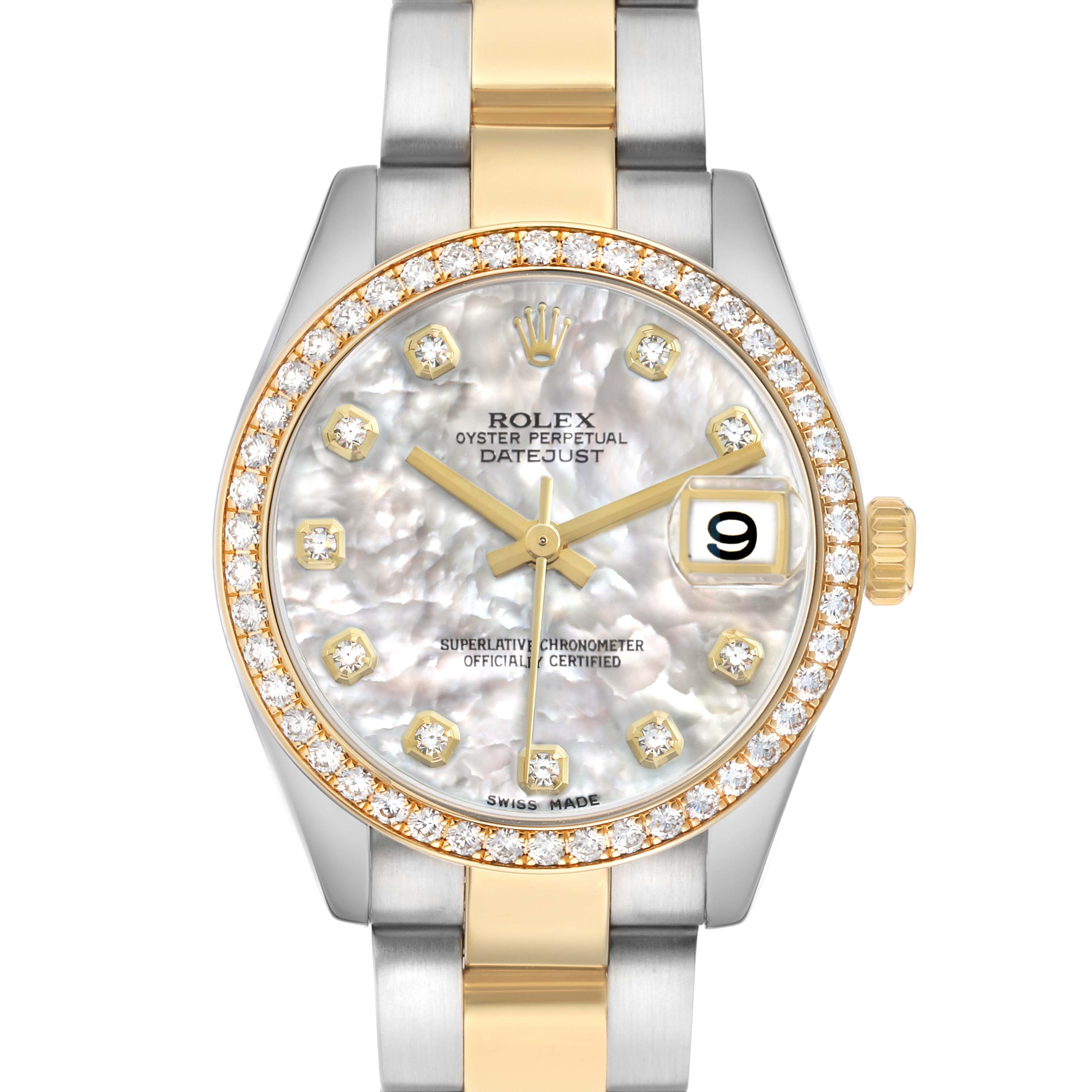 The Rolex Datejust Mid-Size watch is shown from the front, highlighting the face, bezel, and bracelet.