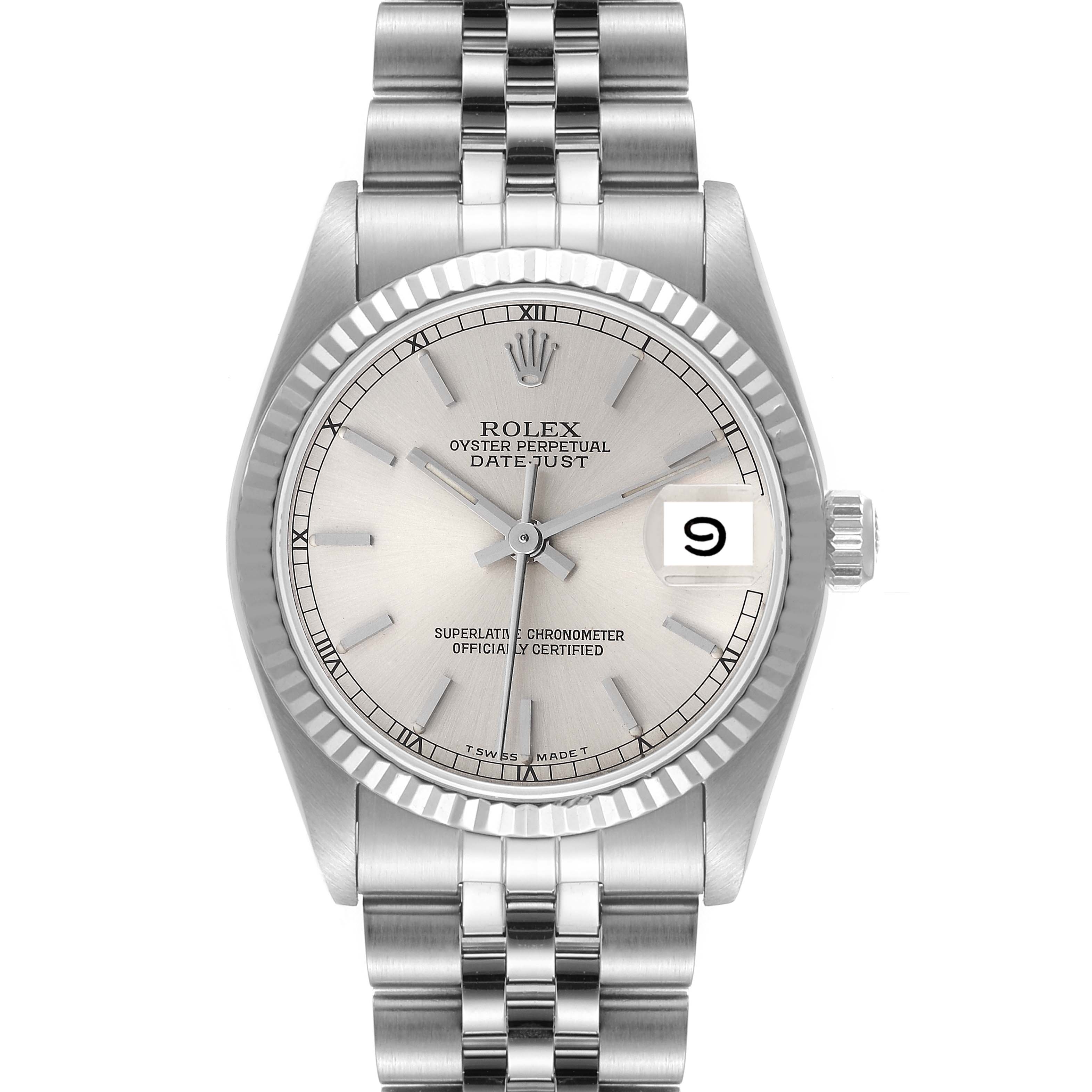 The image shows a frontal view of a Rolex Mid-Size 68274 Women
s Stainless Steel Silver Dial 68274 Women
s Stainless Steel Silver Dial Oyster Perpetual Datejust with a silver dial and a metal bracelet.