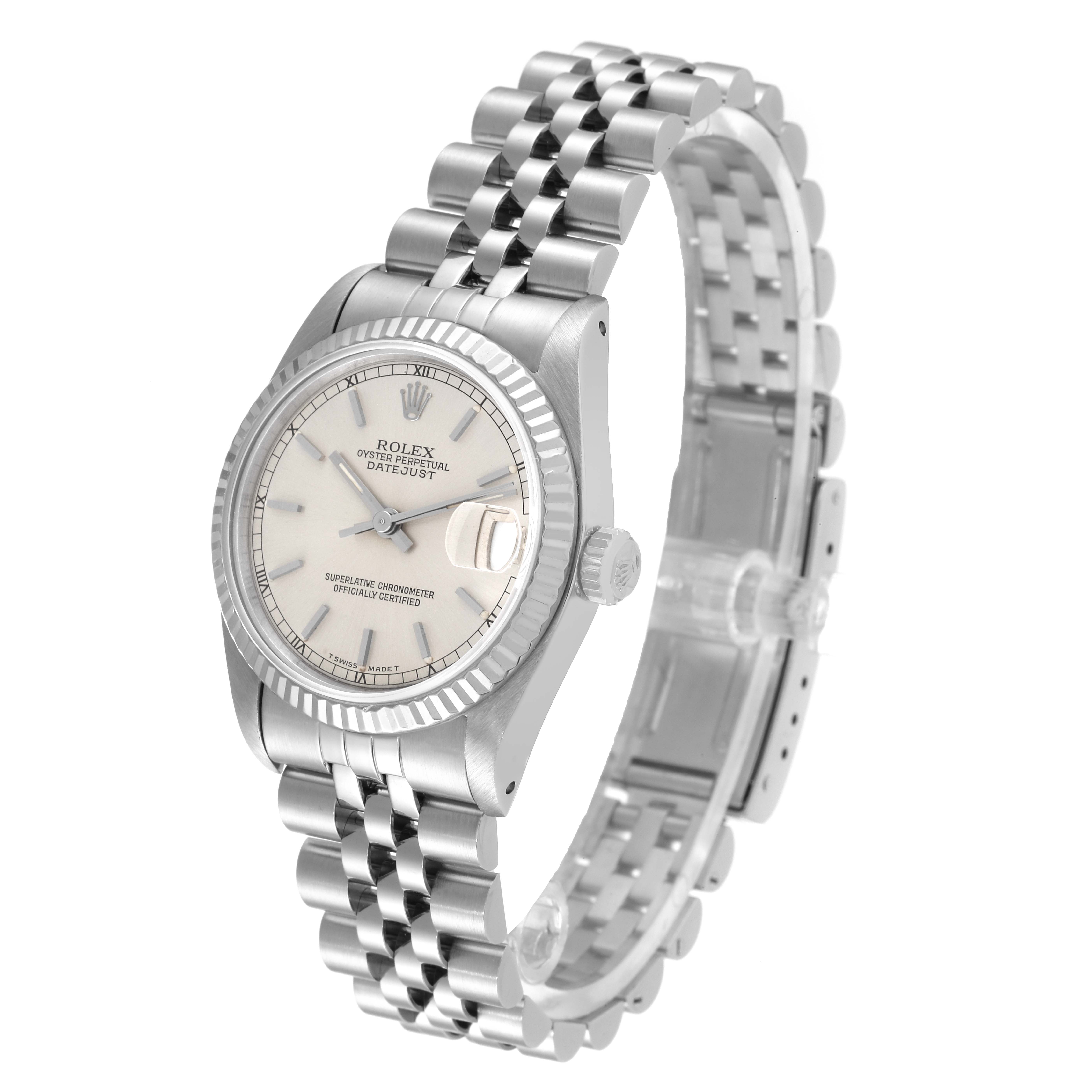 This image shows a Rolex Mid-Size 68274 Women
s Stainless Steel Silver Dial 68274 Women
s Stainless Steel Silver Dial Datejust watch at a three-quarter angle, highlighting the dial, bracelet, and crown.