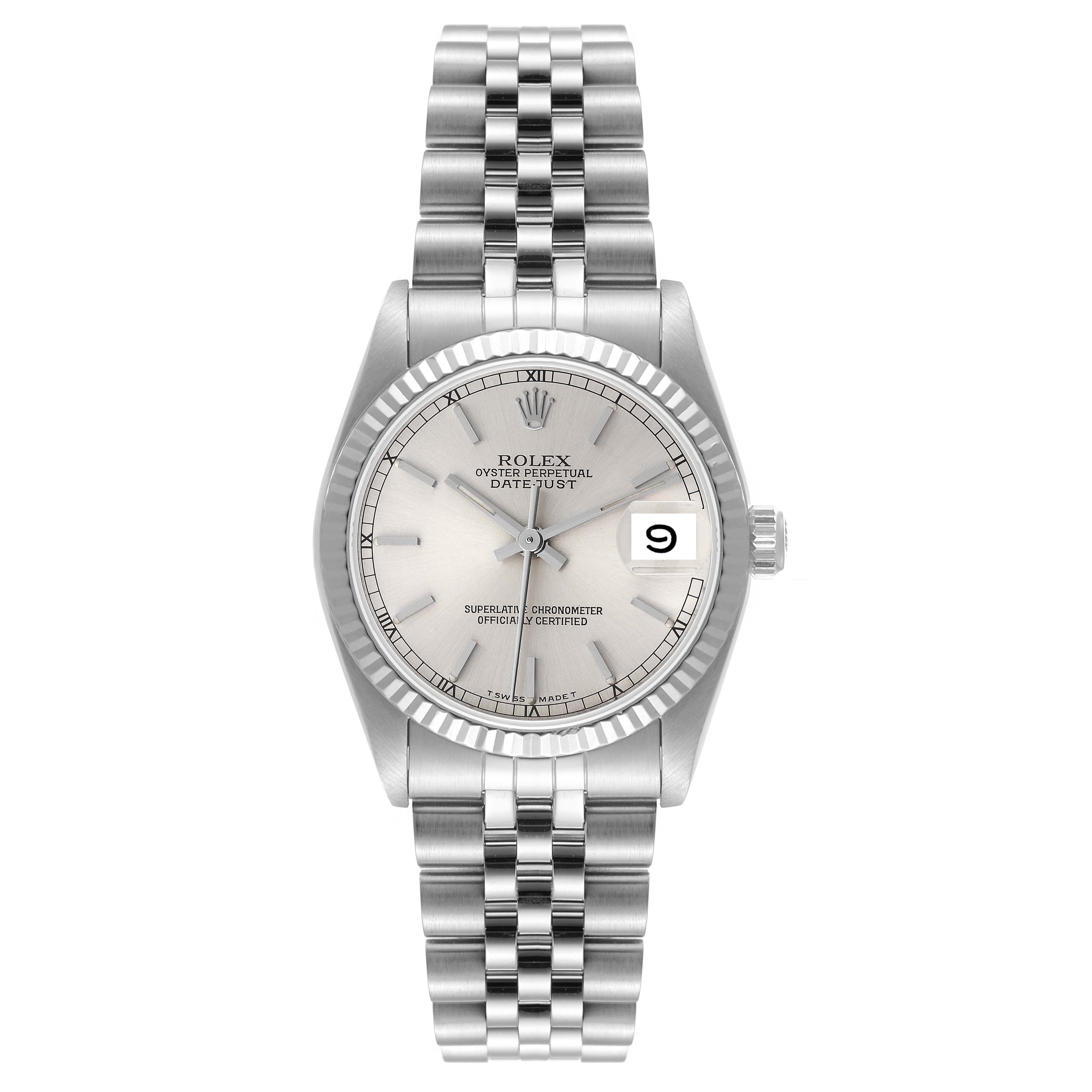 The Rolex Mid-Size 68274 Women
s Stainless Steel Silver Dial 68274 Women
s Stainless Steel Silver Dial watch is shown from a top-down angle, displaying the face, bezel, and bracelet.
