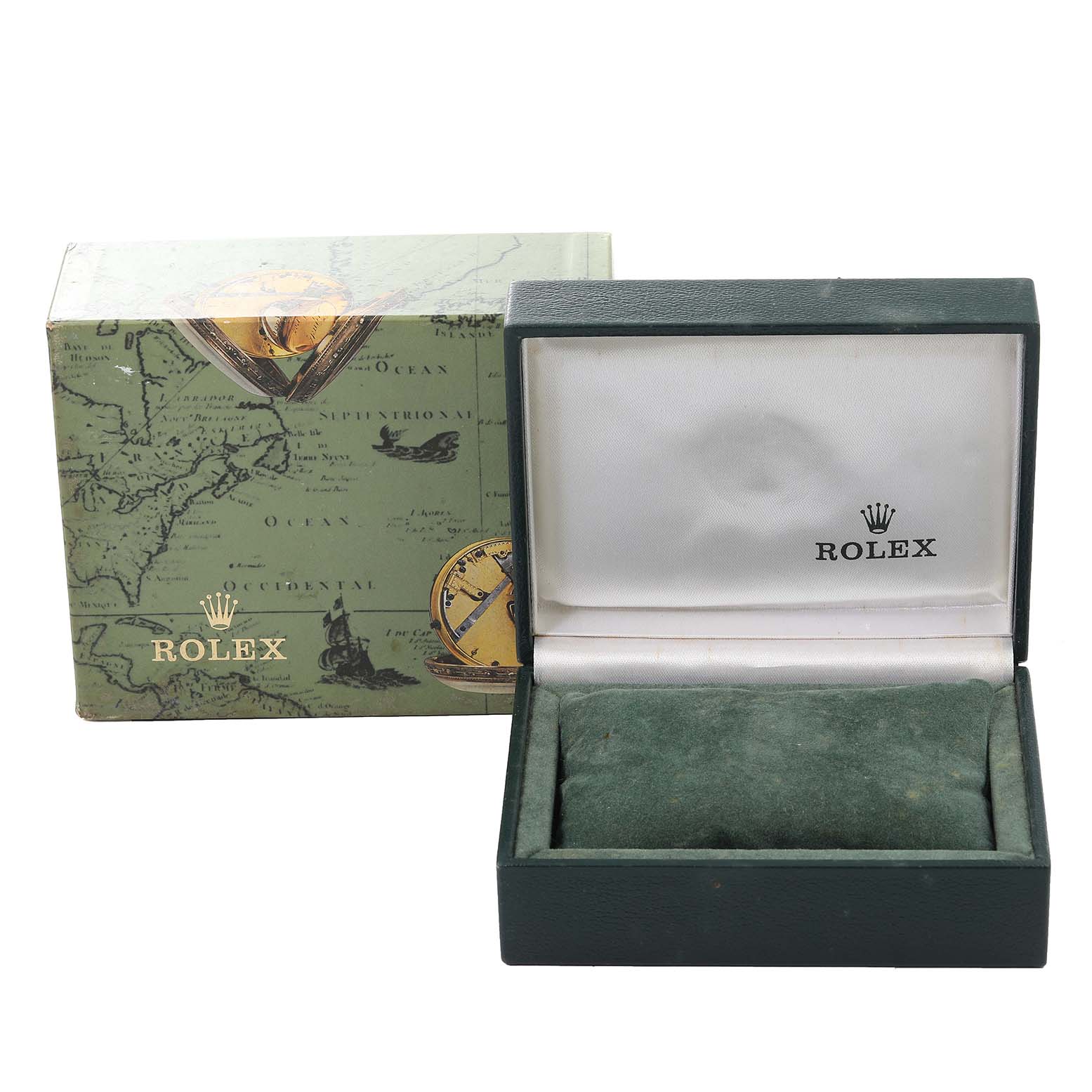 The image shows a Rolex Mid-Size 68274 Women
s Stainless Steel Silver Dial 68274 Women
s Stainless Steel Silver Dial model watch box and outer packaging with the lid open, revealing the interior.