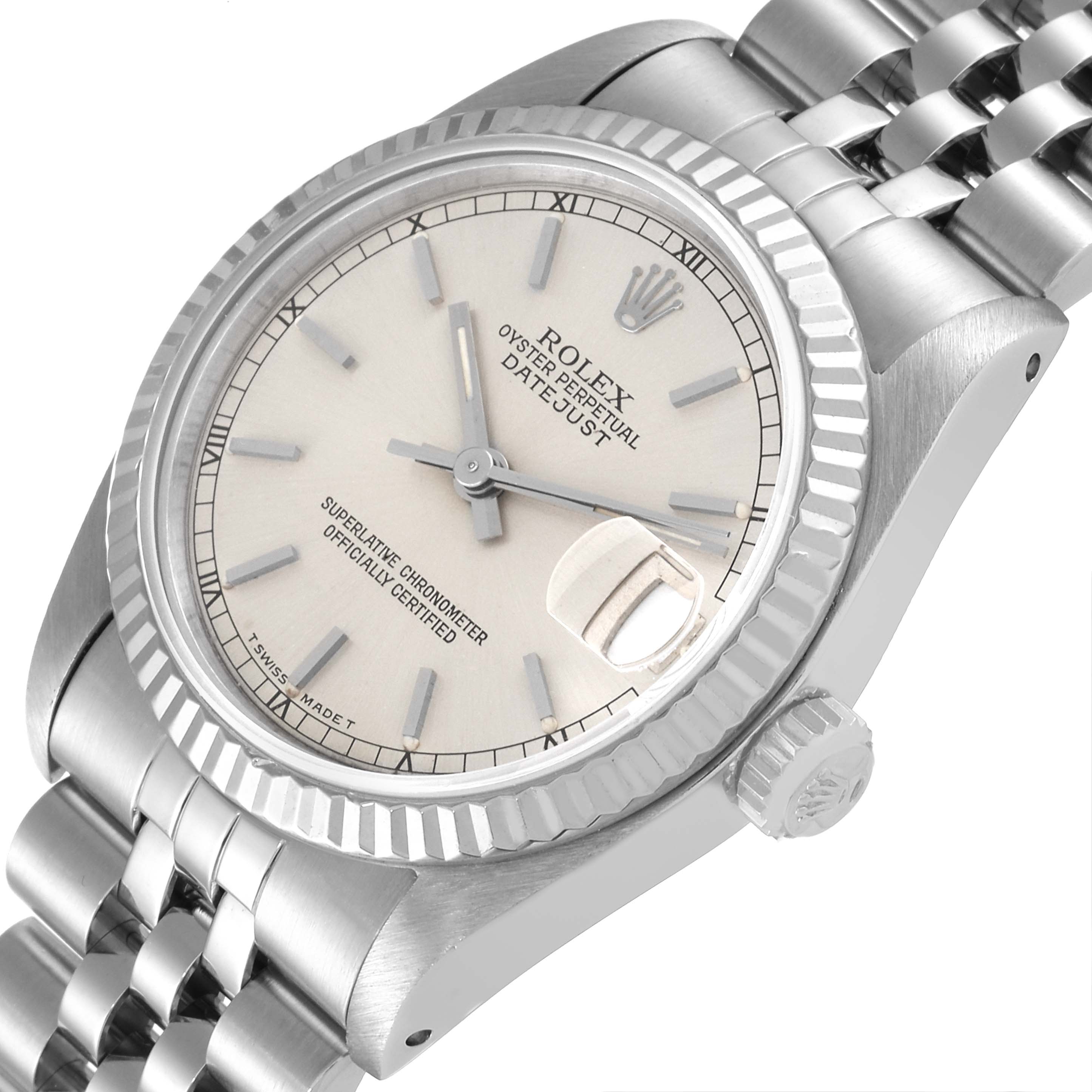 The Rolex Mid-Size 68274 Women
s Stainless Steel Silver Dial 68274 Women
s Stainless Steel Silver Dial watch is shown at an angle highlighting the dial, bezel, crown, and part of the bracelet.