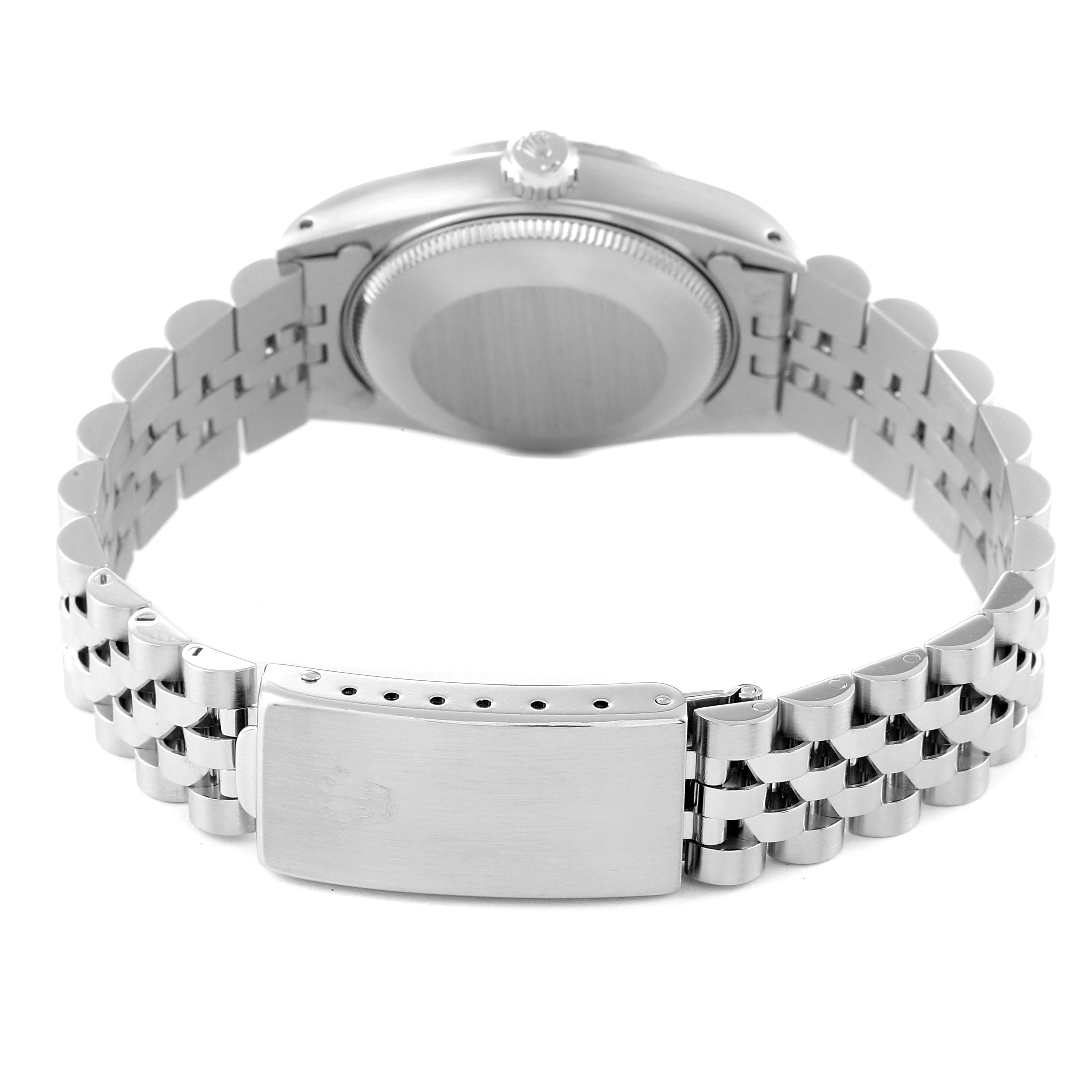 The image shows the back view of a Rolex Mid-Size 68274 Women
s Stainless Steel Silver Dial 68274 Women
s Stainless Steel Silver Dial model watch, highlighting the case back, crown, and metal bracelet with clasp.