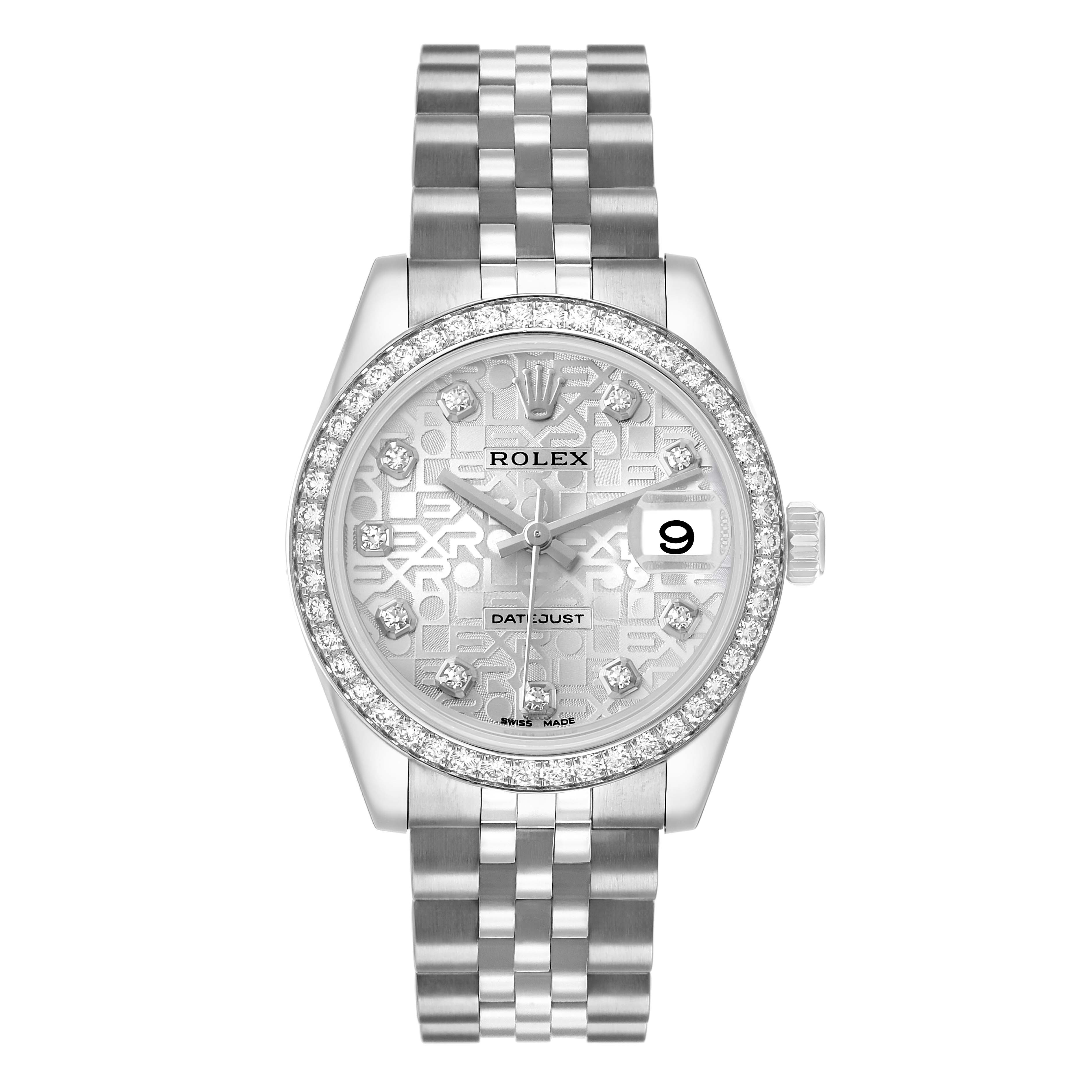 The Rolex Mid-Size 178384 Women's Stainless Steel Silver Dial model is shown from a front view, displaying the dial, bezel, hands, crown, and part of the bracelet.