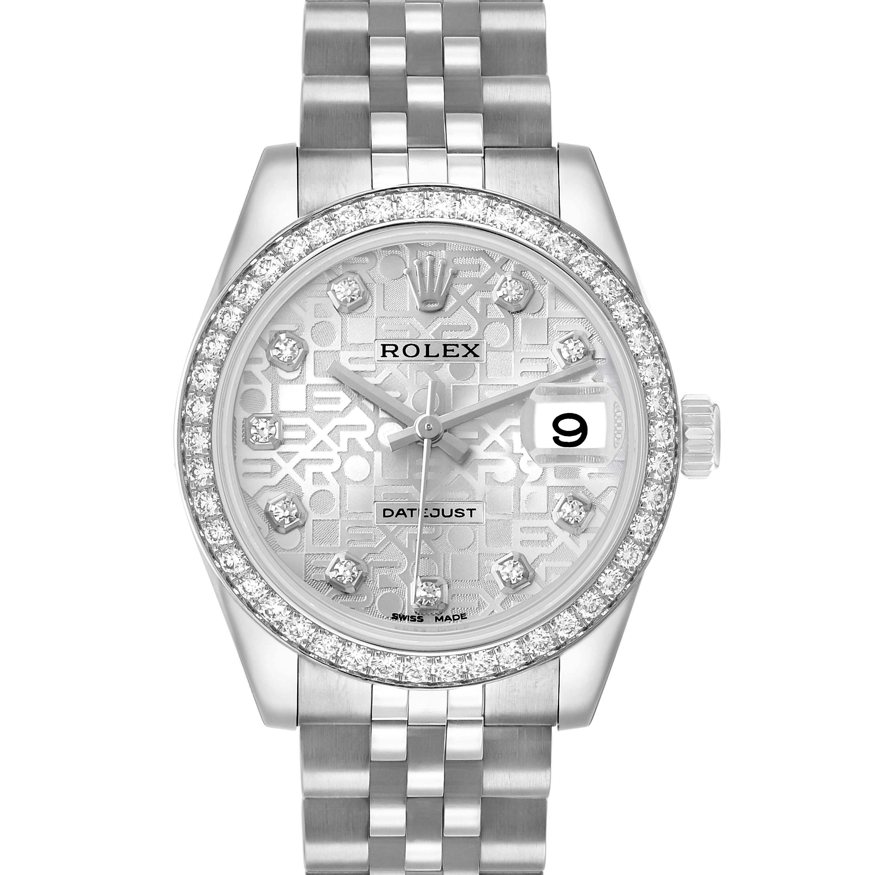 This Rolex Mid-Size 178384 Women's Stainless Steel Silver Dial watch is shown front-facing, displaying the dial, bezel, crown, and part of the bracelet.