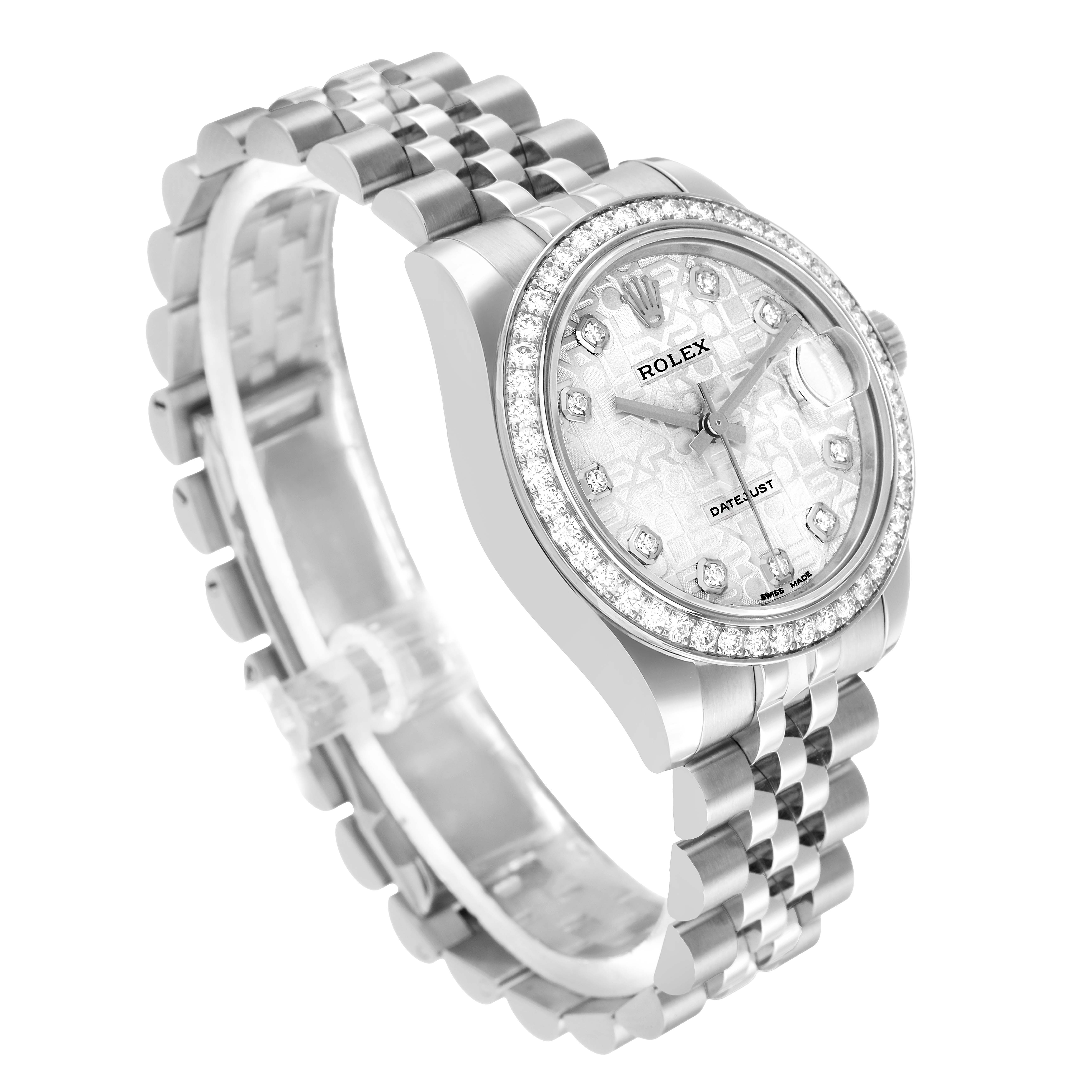 The Rolex Mid-Size 178384 Women's Stainless Steel Silver Dial watch is shown at a three-quarter angle, displaying the face, bezel, band, and side crown.