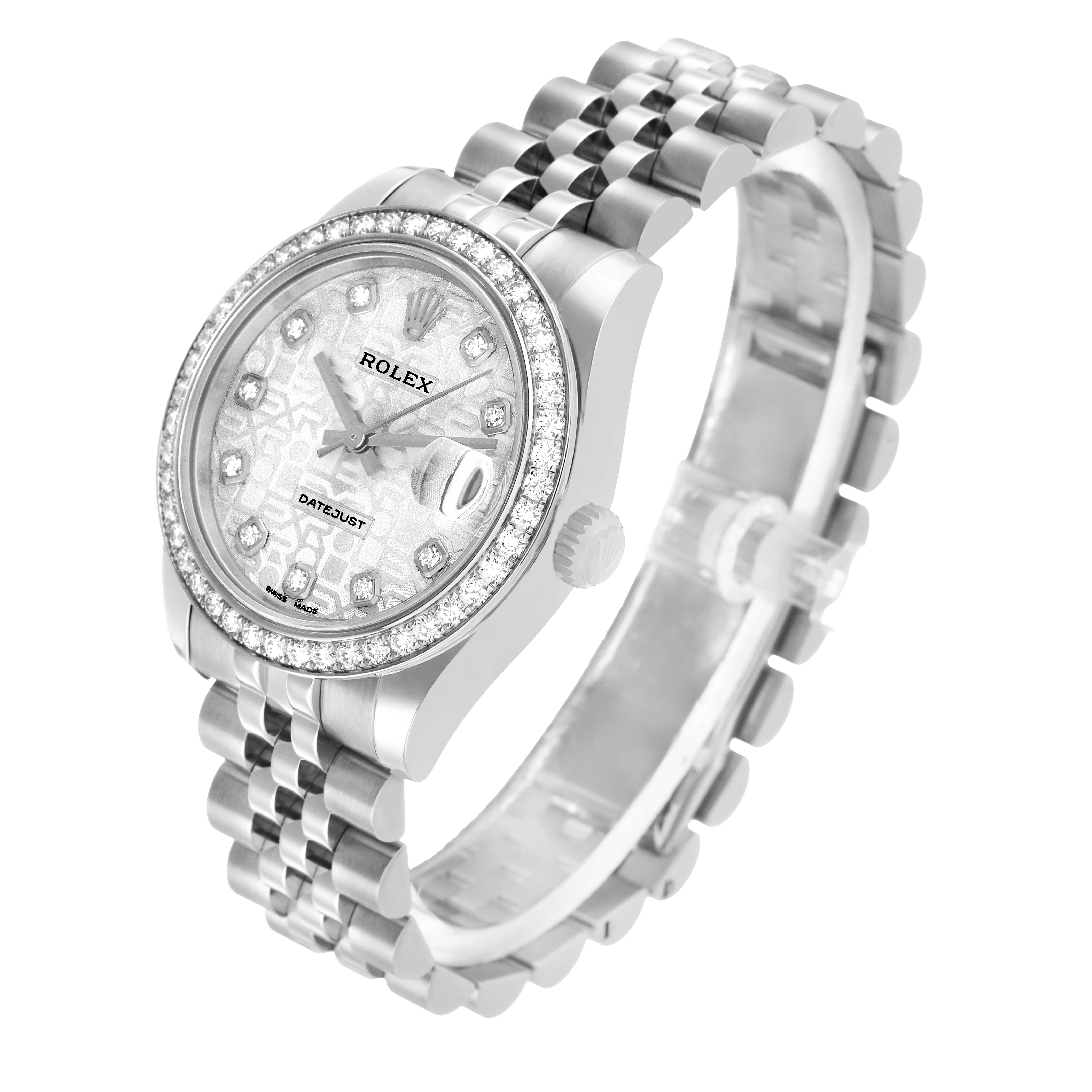 The Rolex Mid-Size 178384 Women's Stainless Steel Silver Dial watch displays a diagonal view featuring the dial, bezel, crown, and bracelet.