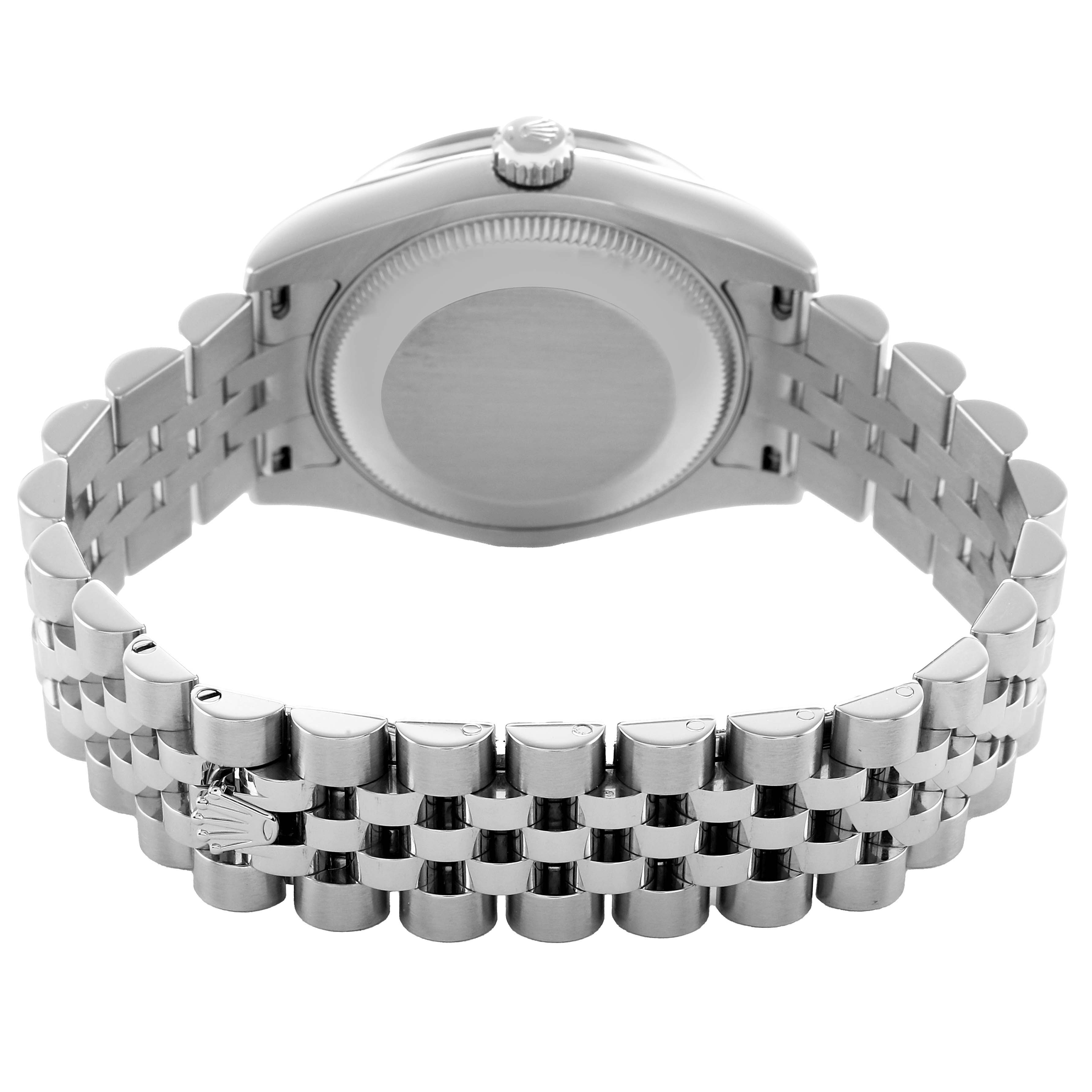 The image shows the back view of a Rolex Mid-Size 178384 Women's Stainless Steel Silver Dial watch, highlighting the case back and metal bracelet.