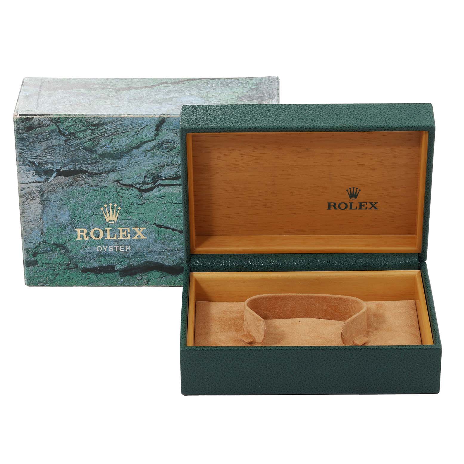 The image shows an open Rolex Mid-Size 78274 Women
s Stainless Steel Mother of Pearl Dial 78274 Women
s Stainless Steel Mother of Pearl Dial watch box and its outer packaging from a front angle.