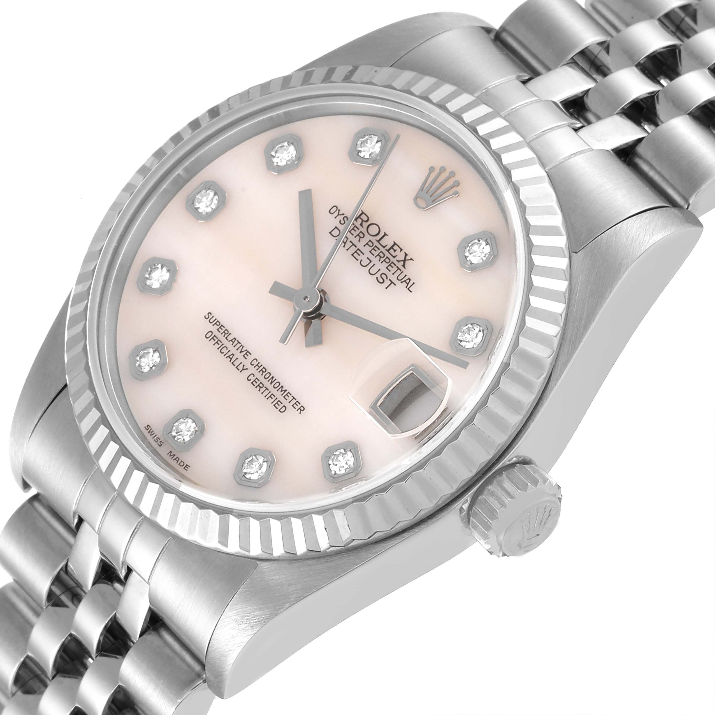 This image shows a Rolex Mid-Size 78274 Women
s Stainless Steel Mother of Pearl Dial 78274 Women
s Stainless Steel Mother of Pearl Dial Datejust watch at a close-up angle featuring the dial, bezel, crown, and part of the bracelet.