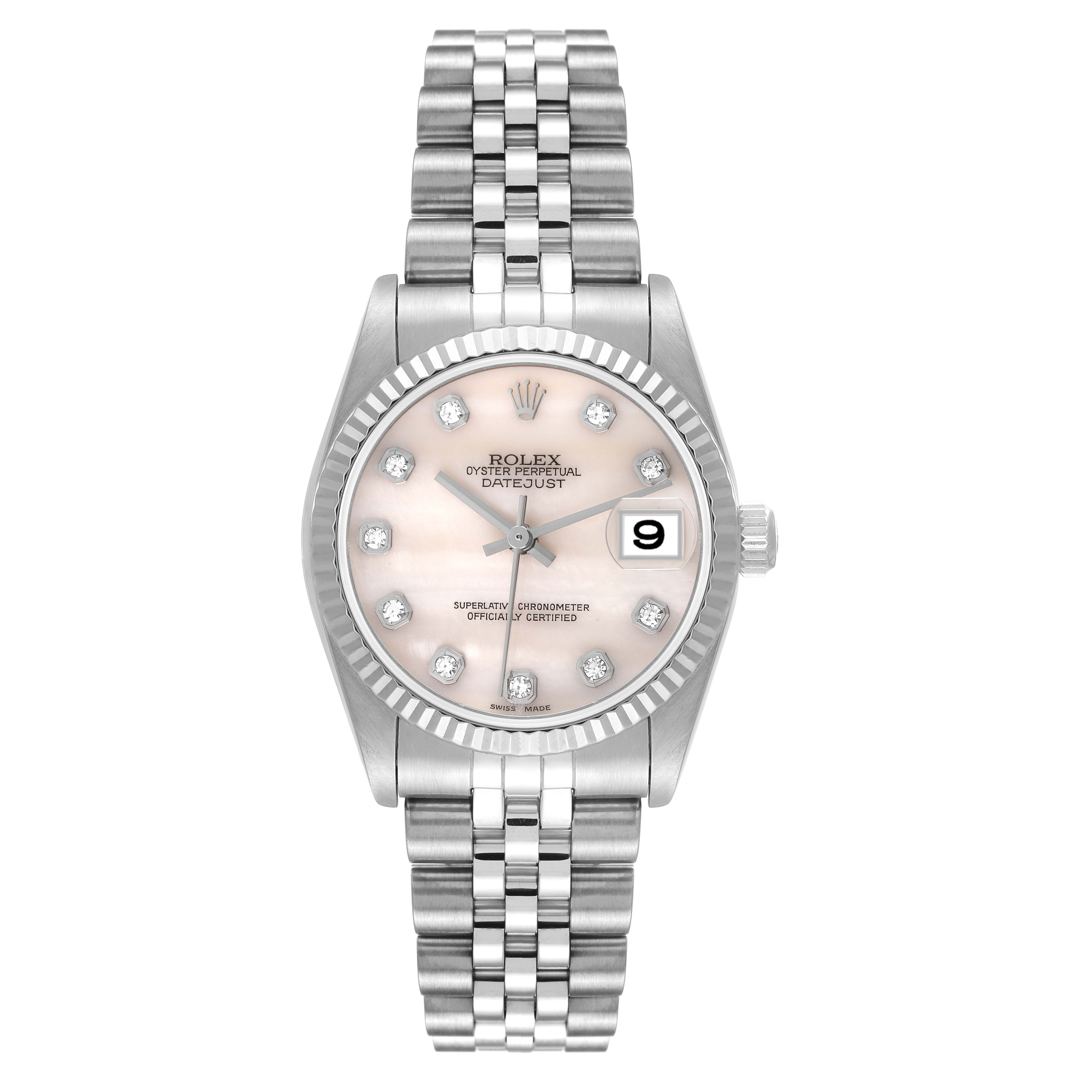 This image shows a front view of a Mid-Size Rolex Datejust watch, showcasing its dial, bezel, and bracelet.