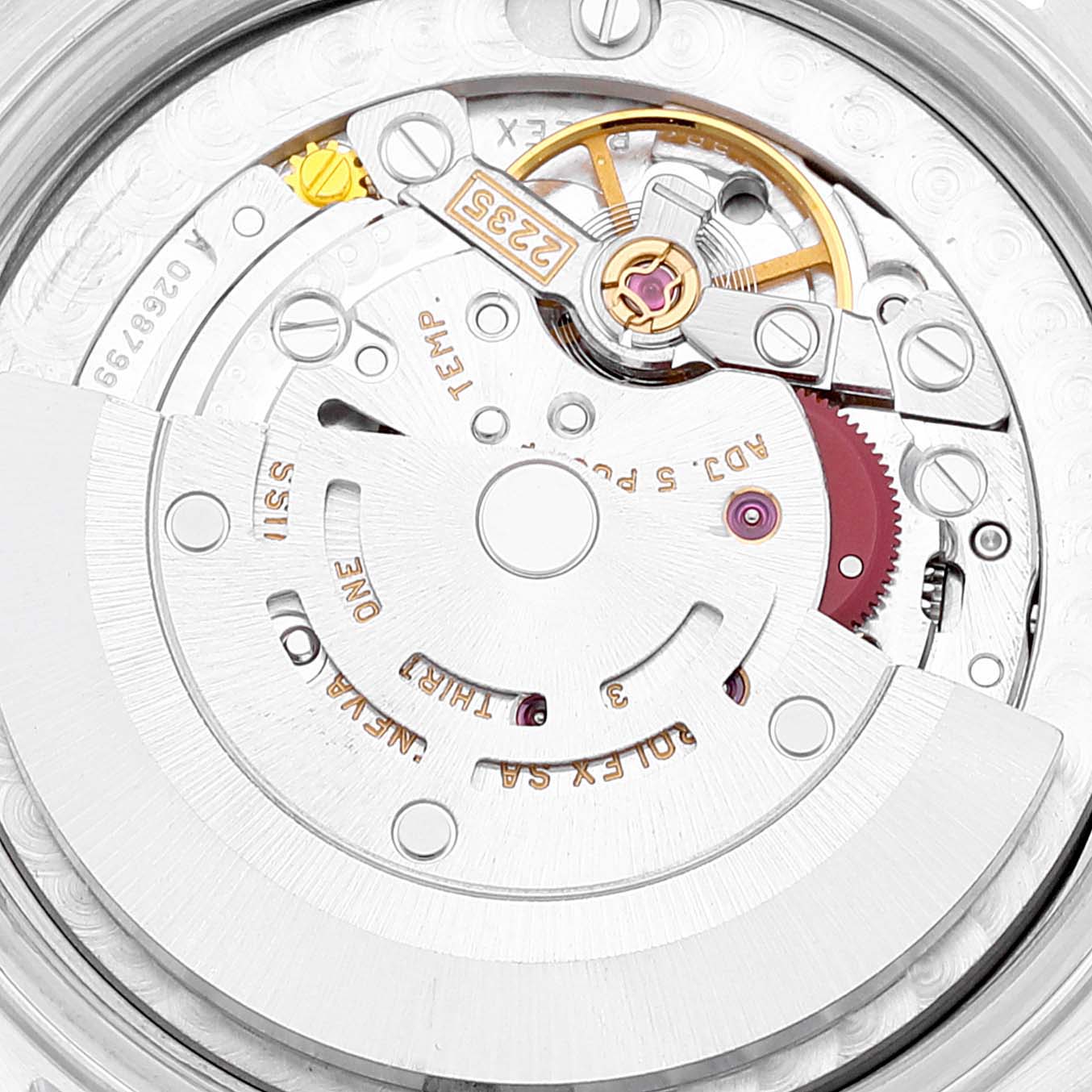 This image shows a close-up view of the intricate internal movement mechanism of a Rolex Mid-Size 78274 Women
s Stainless Steel Mother of Pearl Dial 78274 Women
s Stainless Steel Mother of Pearl Dial watch.