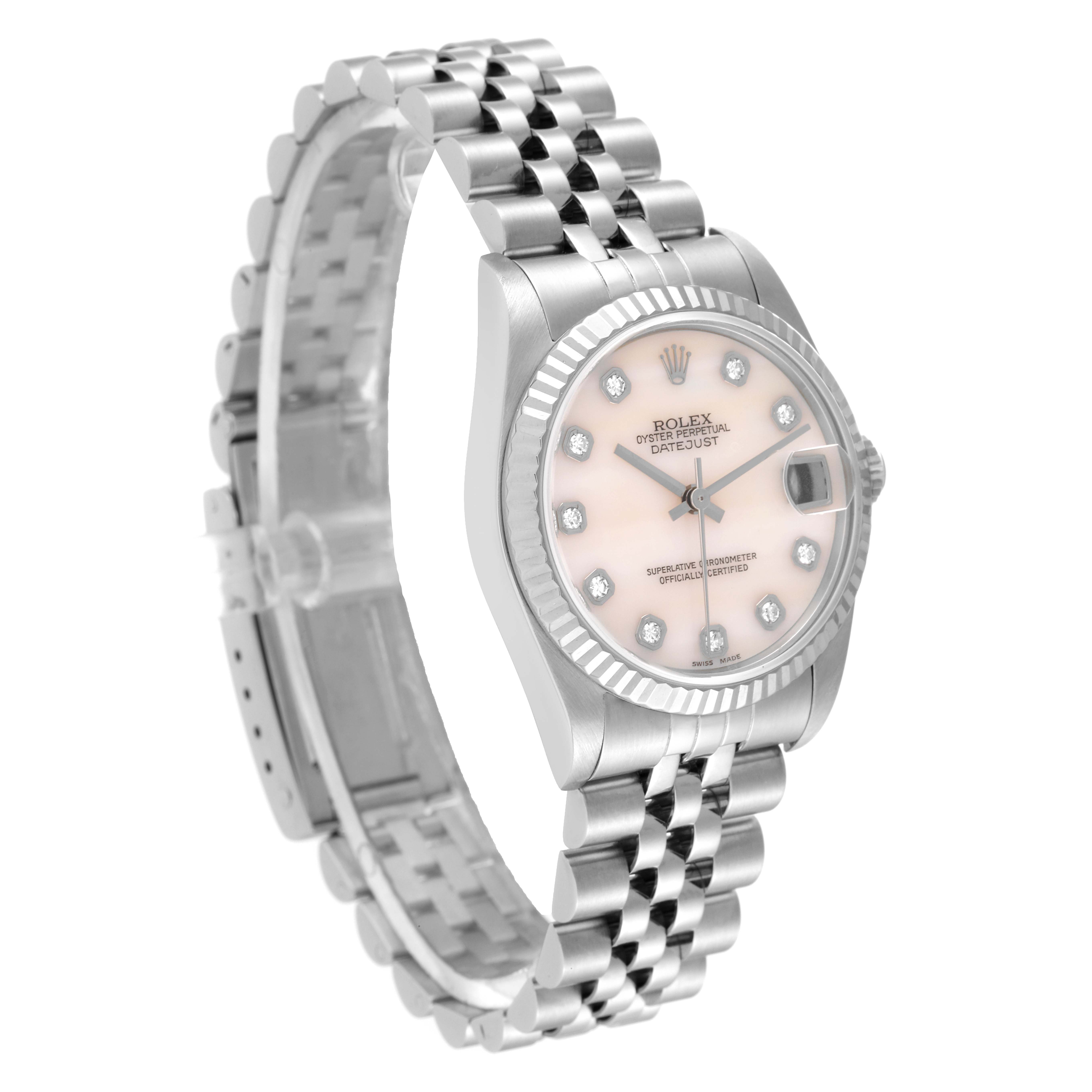 This image shows a Rolex Mid-Size 78274 Women
s Stainless Steel Mother of Pearl Dial 78274 Women
s Stainless Steel Mother of Pearl Dial Oyster Perpetual Datejust watch angled to display the face, bezel, and bracelet.