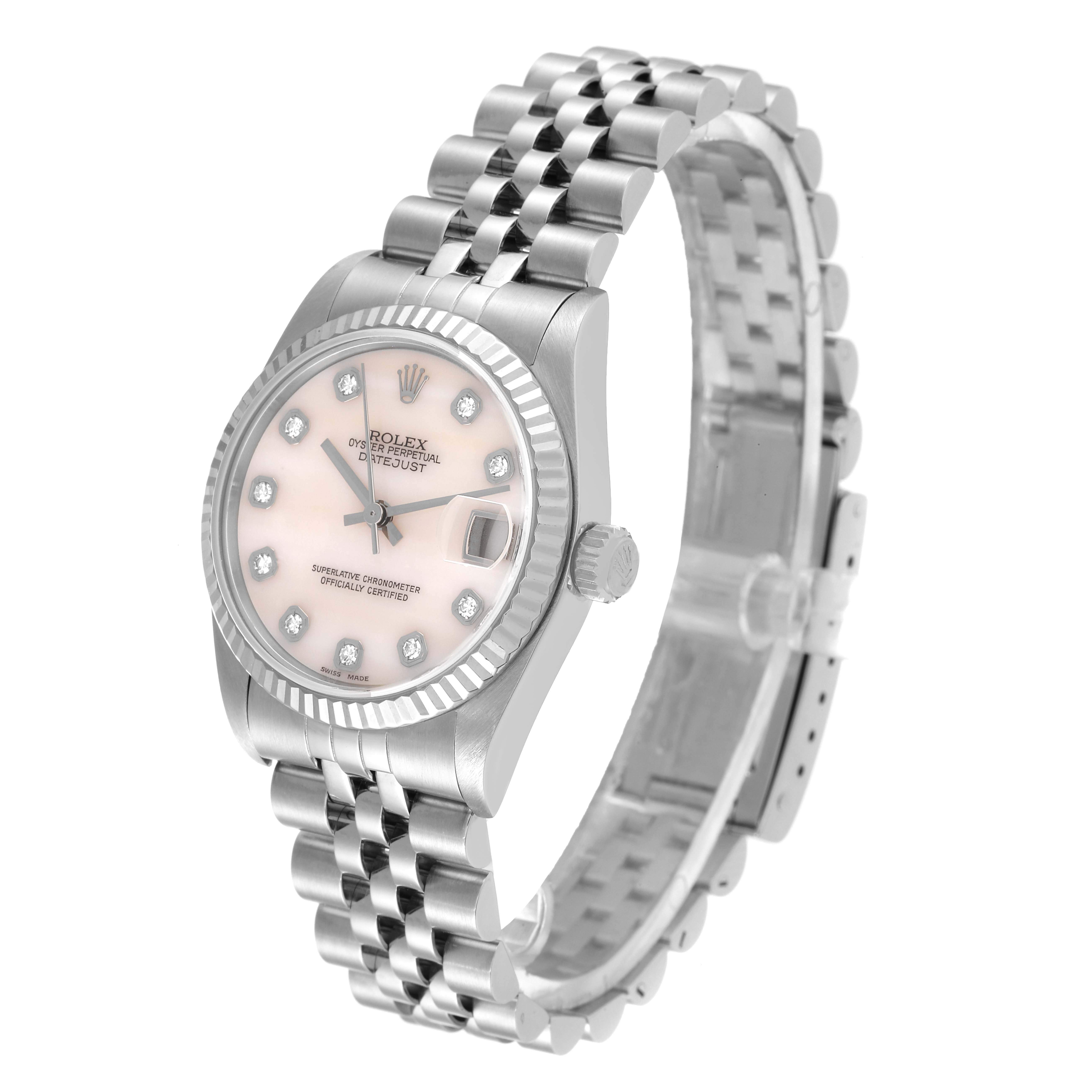The Rolex Mid-Size 78274 Women
s Stainless Steel Mother of Pearl Dial 78274 Women
s Stainless Steel Mother of Pearl Dial watch is shown at a three-quarter angle, highlighting the dial, bezel, crown, and bracelet.