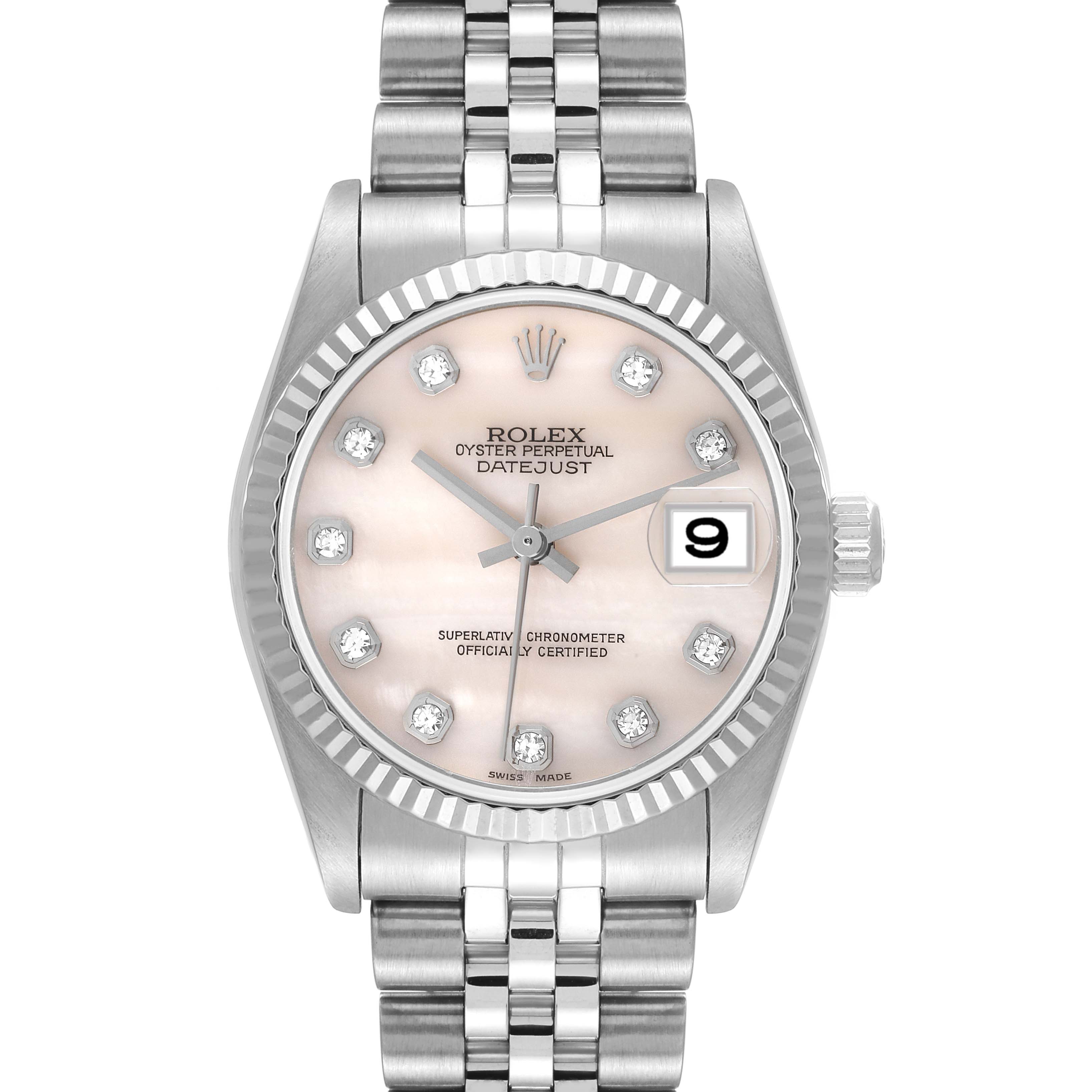 This is a front view of the Rolex Mid-Size 78274 Women
s Stainless Steel Mother of Pearl Dial 78274 Women
s Stainless Steel Mother of Pearl Dial Datejust watch, showing the dial, bezel, bracelet, and crown.