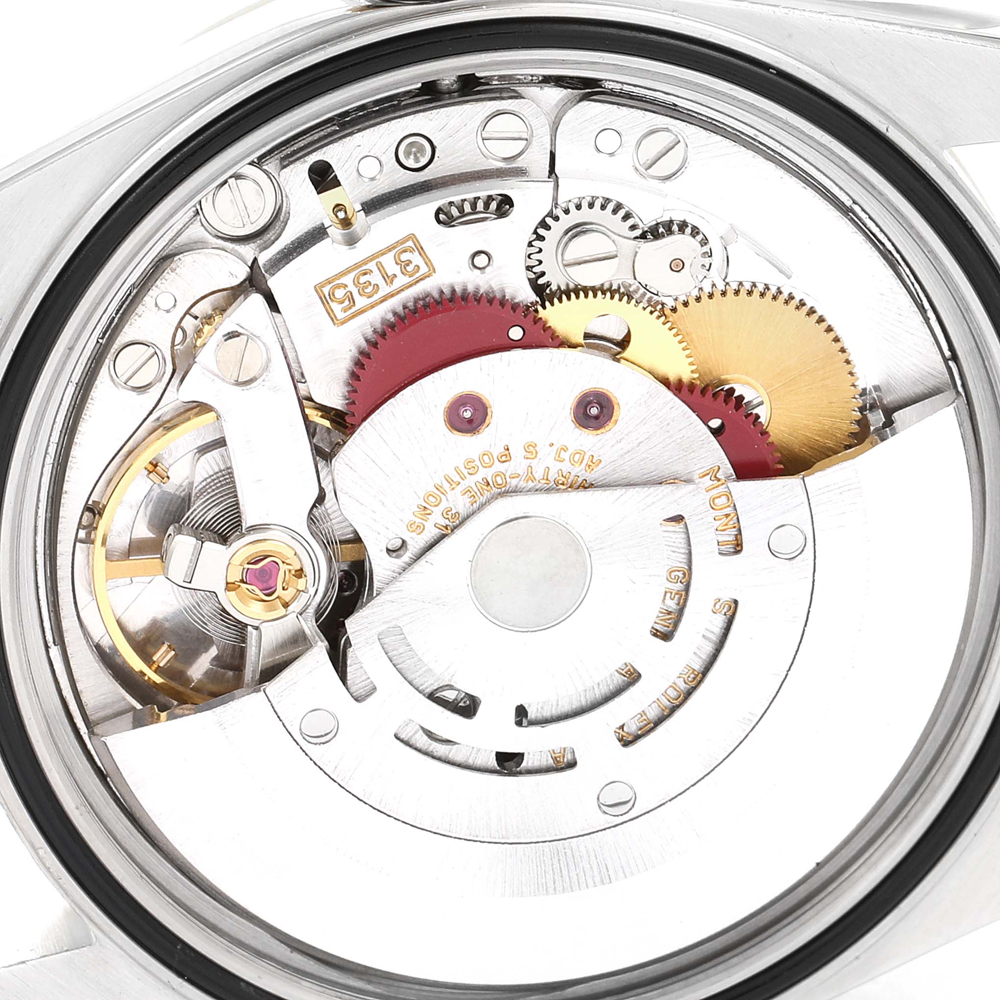 This image shows the inner mechanical movement components of a Rolex Datejust 16233 Men's Steel and Gold (two tone) Champagne Dial 16233 Men's Steel and Gold (two tone) Champagne Dial watch from a back view.