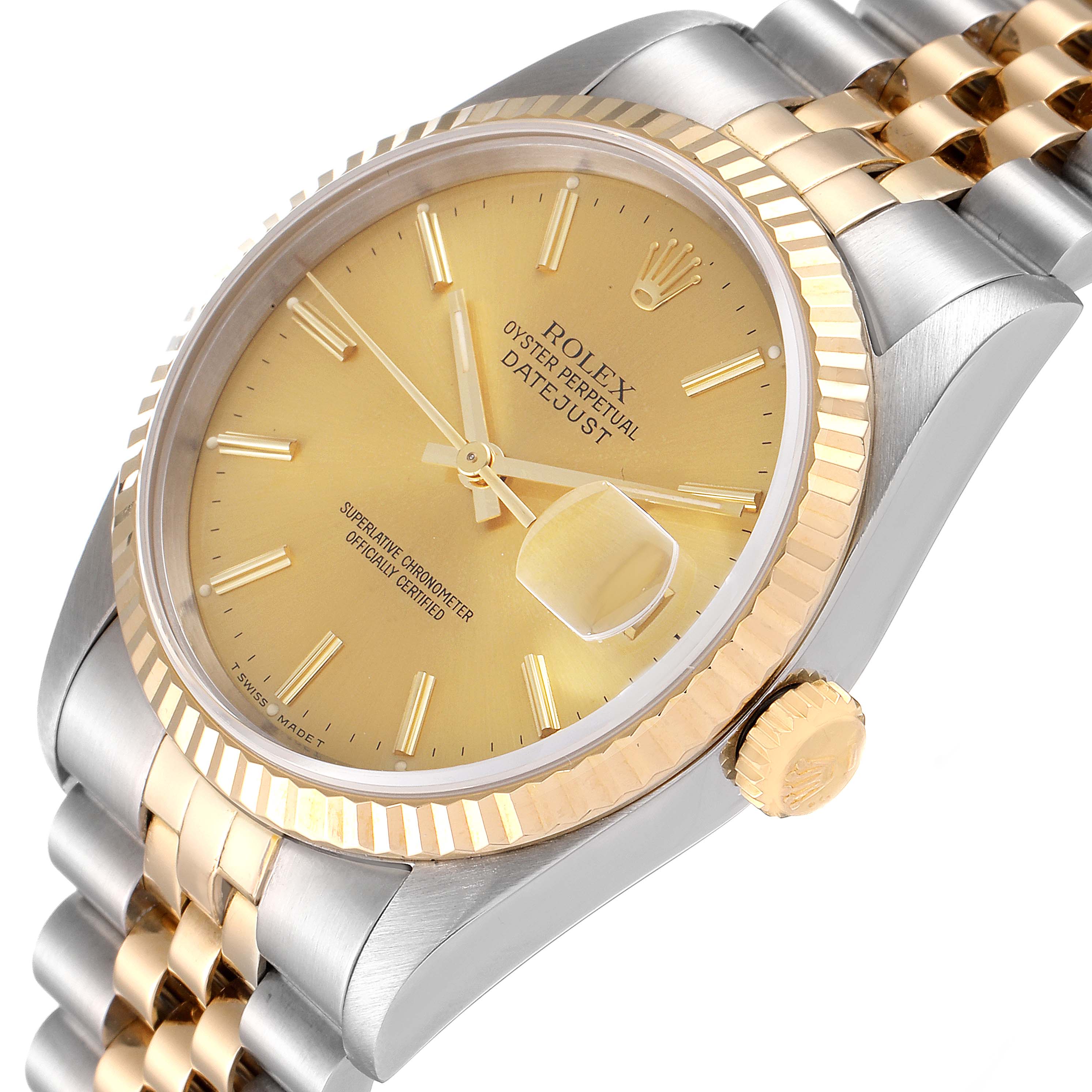 The image shows a close-up view of a Rolex Datejust 16233 Men's Steel and Gold (two tone) Champagne Dial 16233 Men's Steel and Gold (two tone) Champagne Dial watch featuring the dial, crown, bezel, and part of the bracelet.