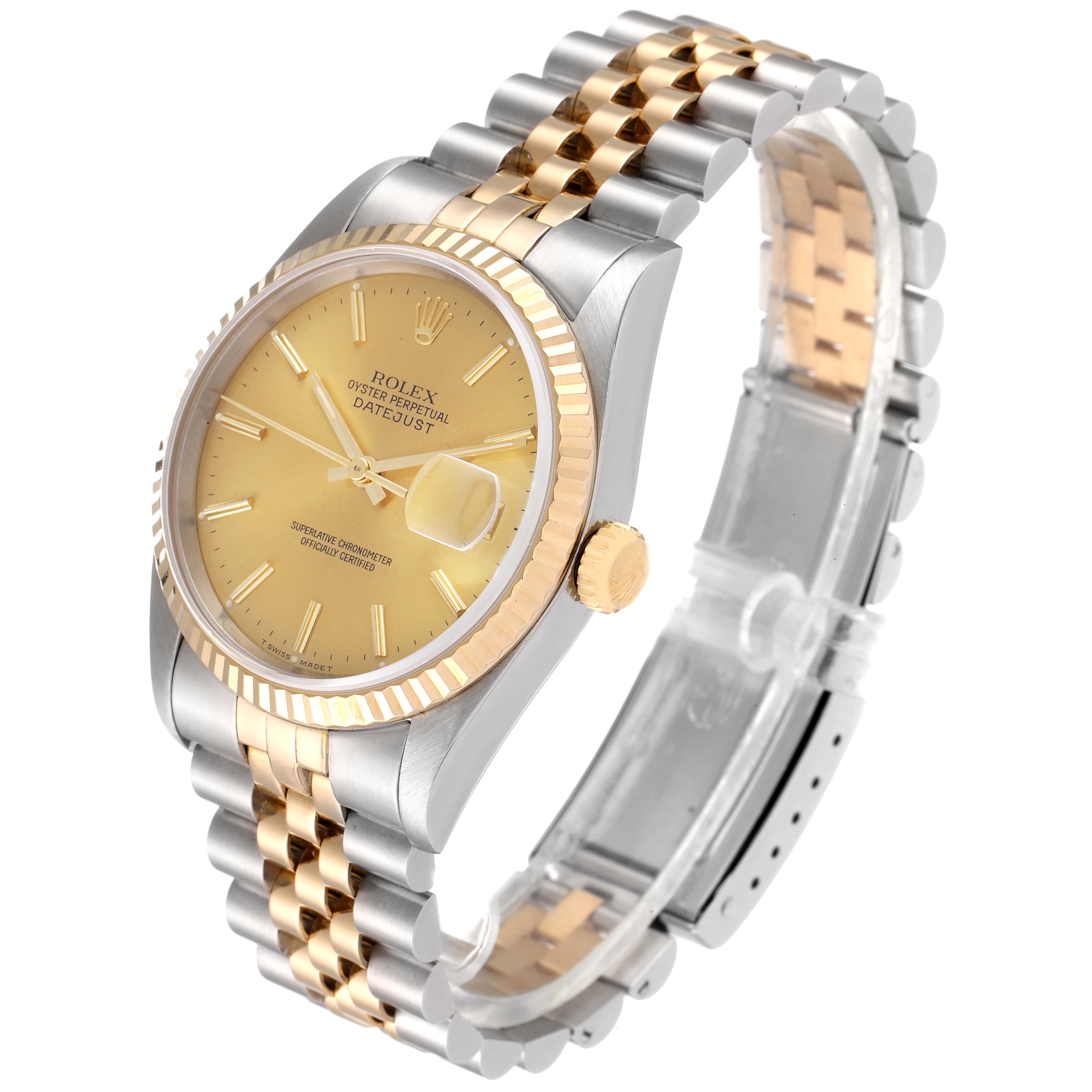 The Rolex Datejust 16233 Men's Steel and Gold (two tone) Champagne Dial 16233 Men's Steel and Gold (two tone) Champagne Dial watch is shown from an oblique angle, highlighting the face, bezel, and bi-tone bracelet.