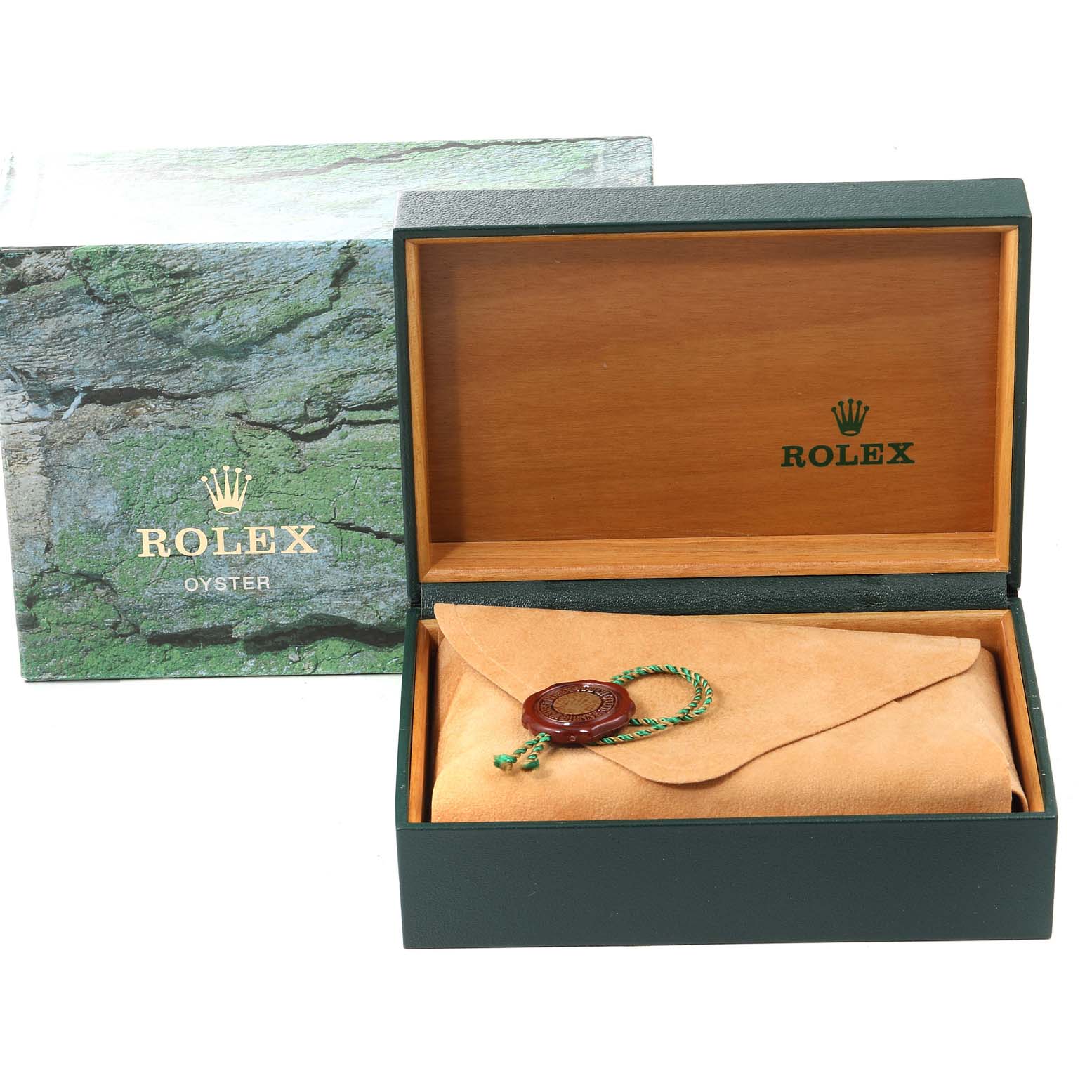 The image shows a Rolex Datejust 16233 Men's Steel and Gold (two tone) Champagne Dial 16233 Men's Steel and Gold (two tone) Champagne Dial watch box, partially open, with a leather case inside and the outer green box in the background.