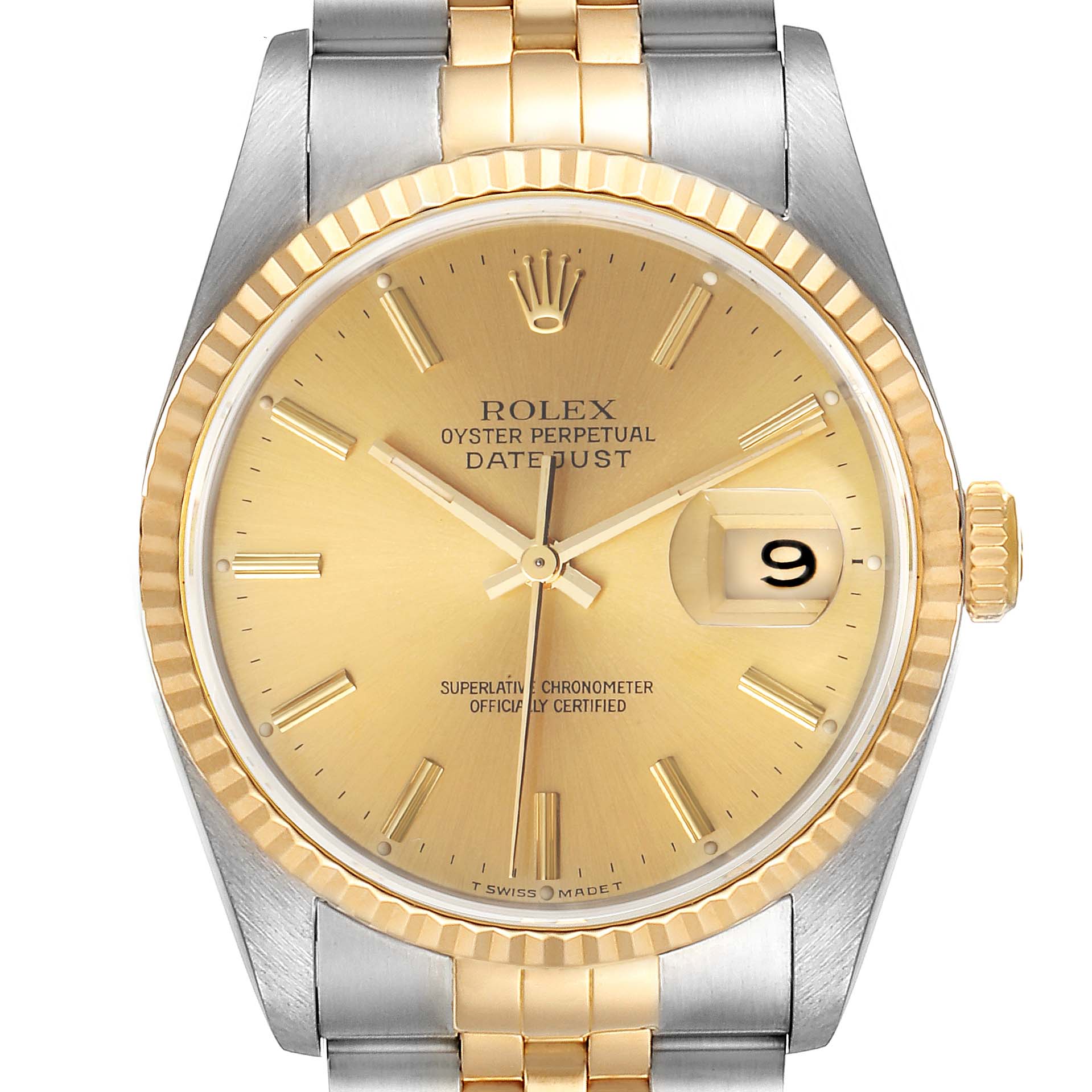 The image shows a front view of a Rolex Datejust 16233 Men's Steel and Gold (two tone) Champagne Dial 16233 Men's Steel and Gold (two tone) Champagne Dial watch, displaying its gold dial, fluted bezel, and gold-and-silver bracelet.