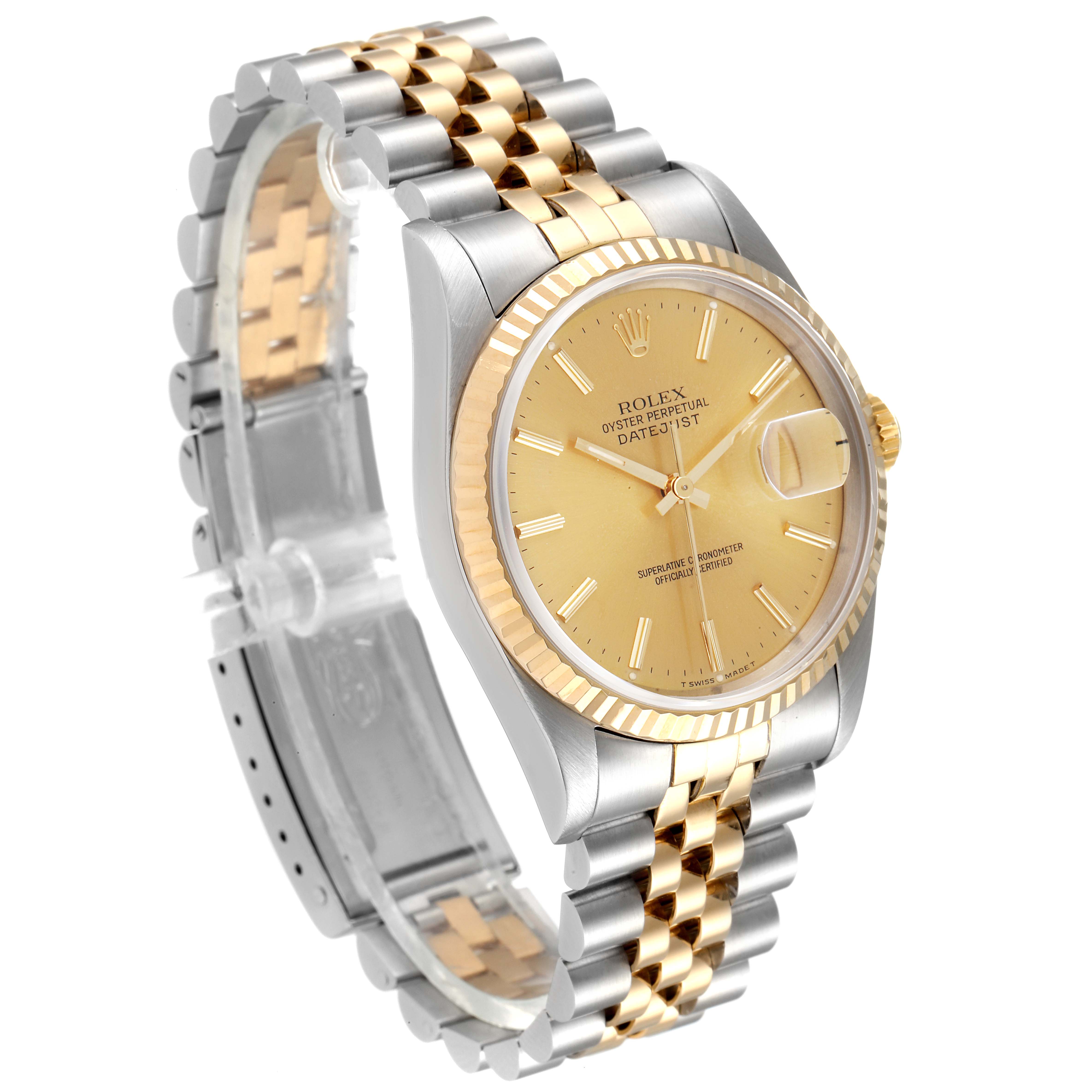 The image shows the front and side view of a Rolex Datejust 16233 Men's Steel and Gold (two tone) Champagne Dial 16233 Men's Steel and Gold (two tone) Champagne Dial watch, highlighting the face, bezel, and two-tone bracelet.