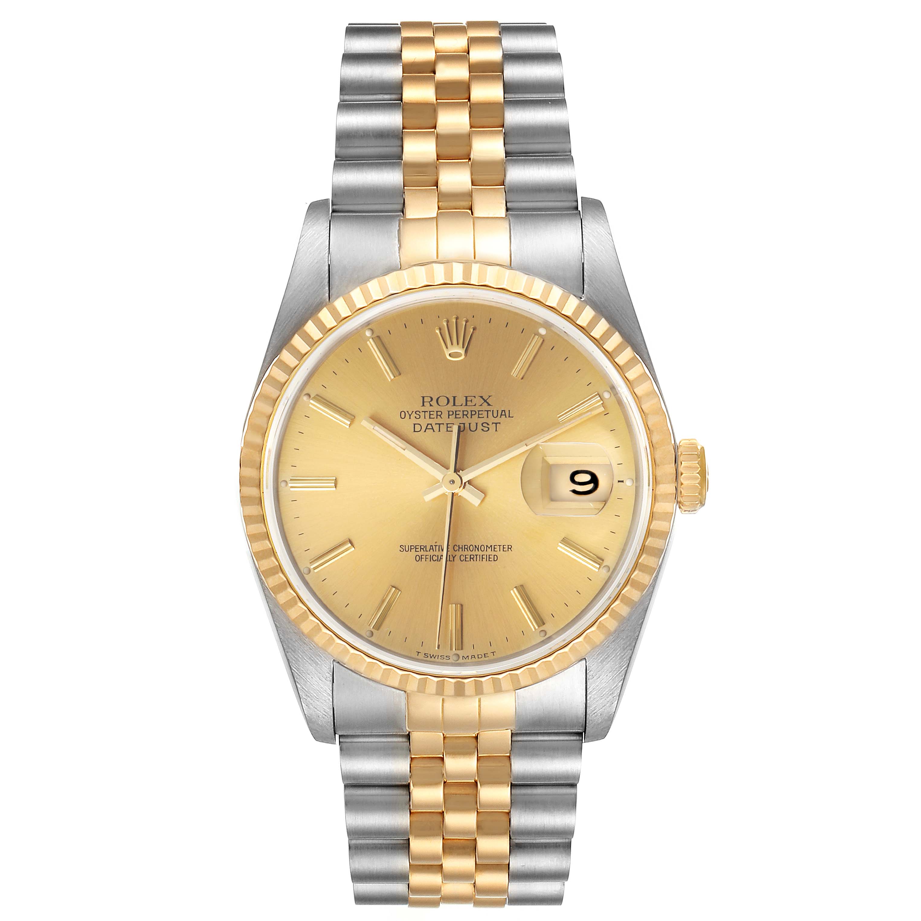 This image shows the front view of a Rolex Datejust 16233 Men's Steel and Gold (two tone) Champagne Dial 16233 Men's Steel and Gold (two tone) Champagne Dial watch, highlighting its dial, case, and bracelet.