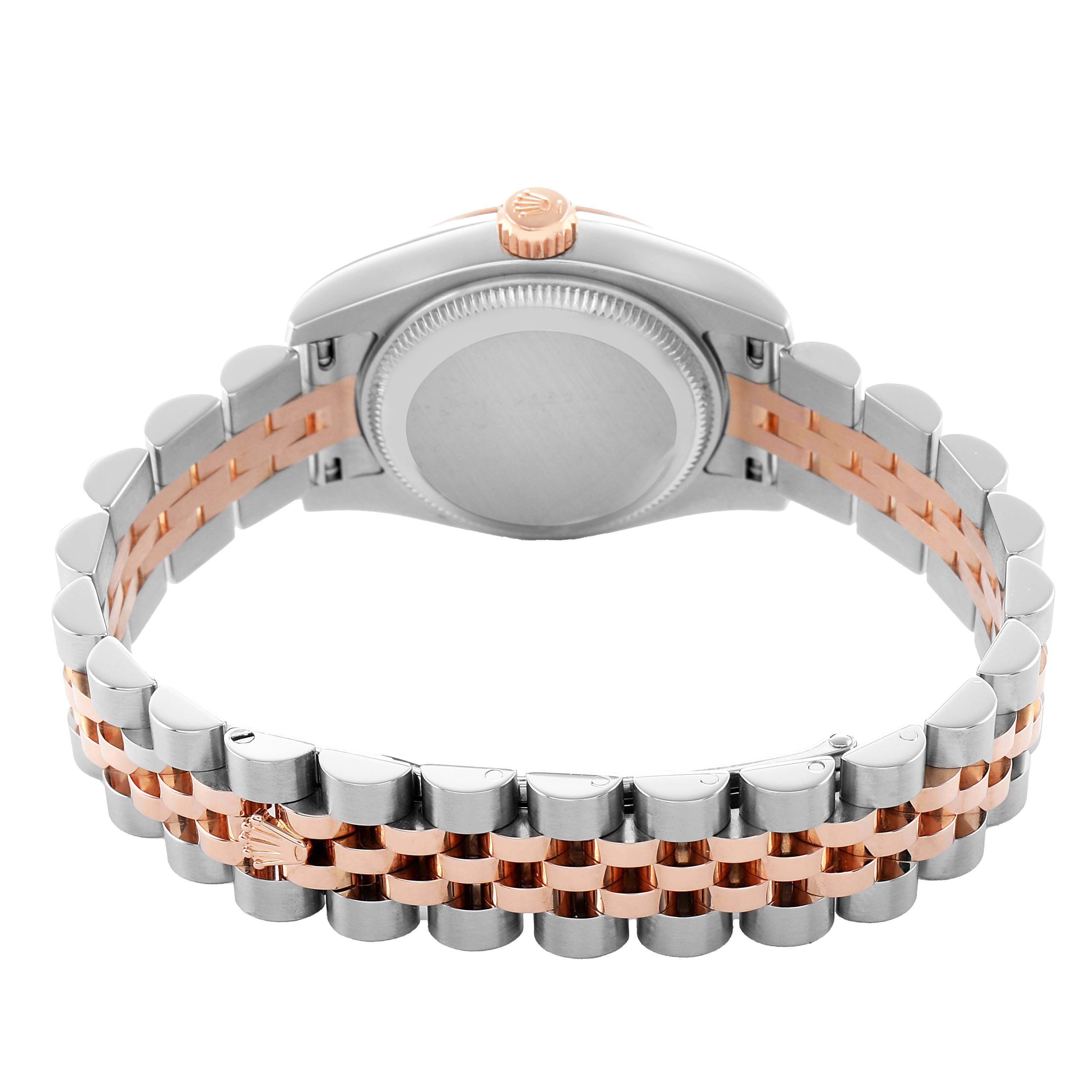 The image shows the Rolex Datejust 179171 Women's Stainless Steel Silver Dial watch from the back, highlighting the case back and two-tone bracelet.