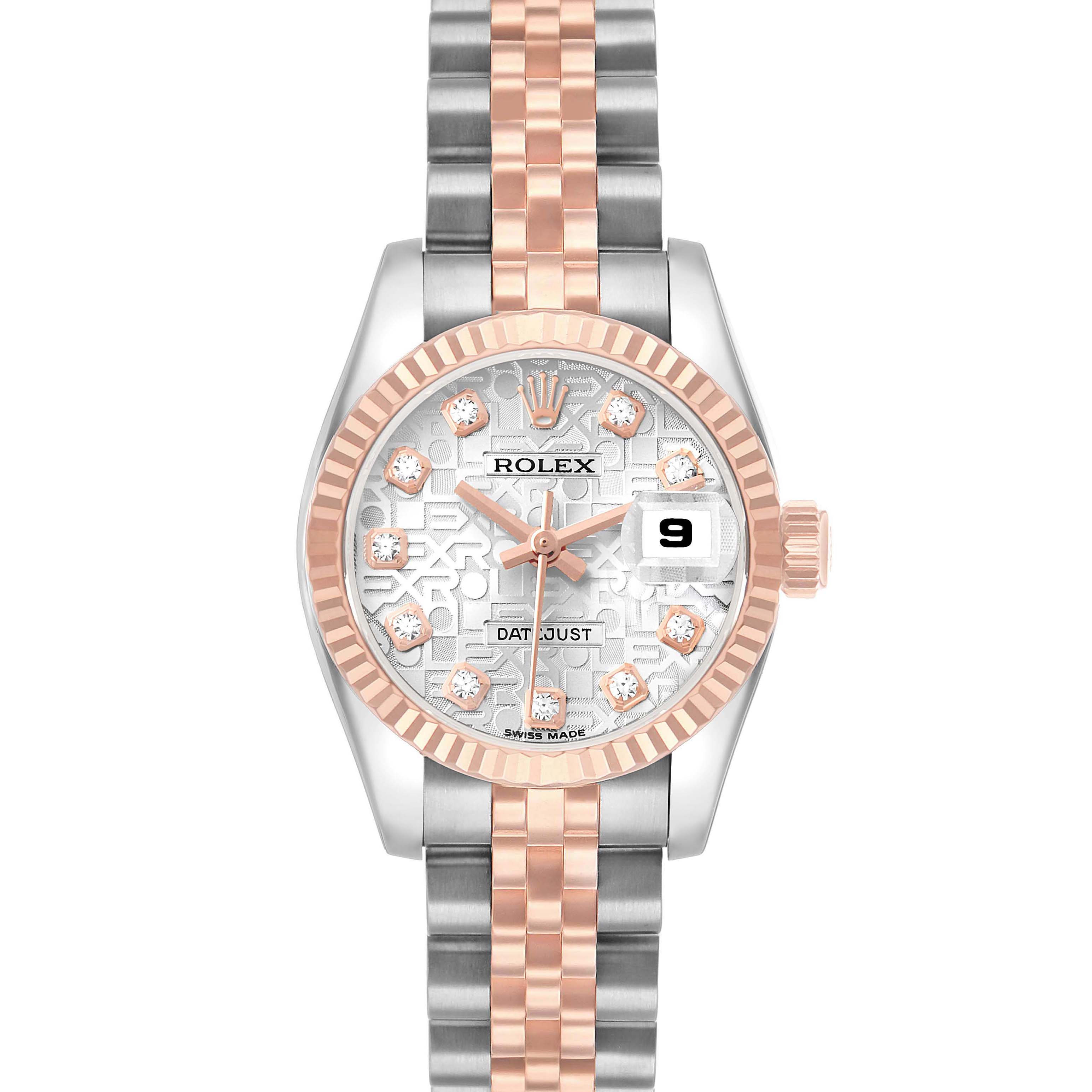 The Rolex Datejust 179171 Women's Stainless Steel Silver Dial watch is shown from a front angle, displaying the dial, fluted bezel, and two-tone bracelet.