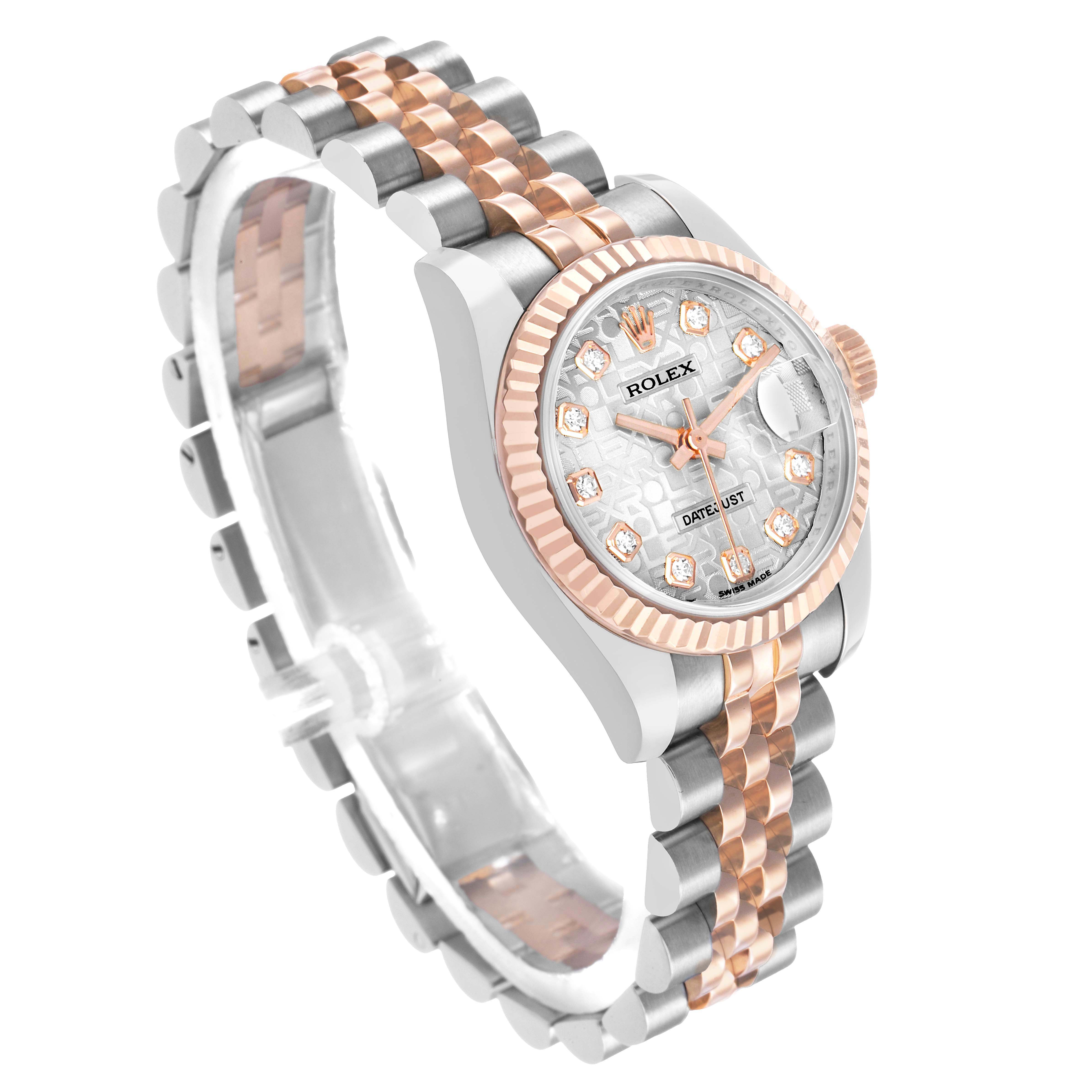 The Rolex Datejust 179171 Women's Stainless Steel Silver Dial watch is shown at a side angle, displaying the face, bezel, crown, and two-tone bracelet.