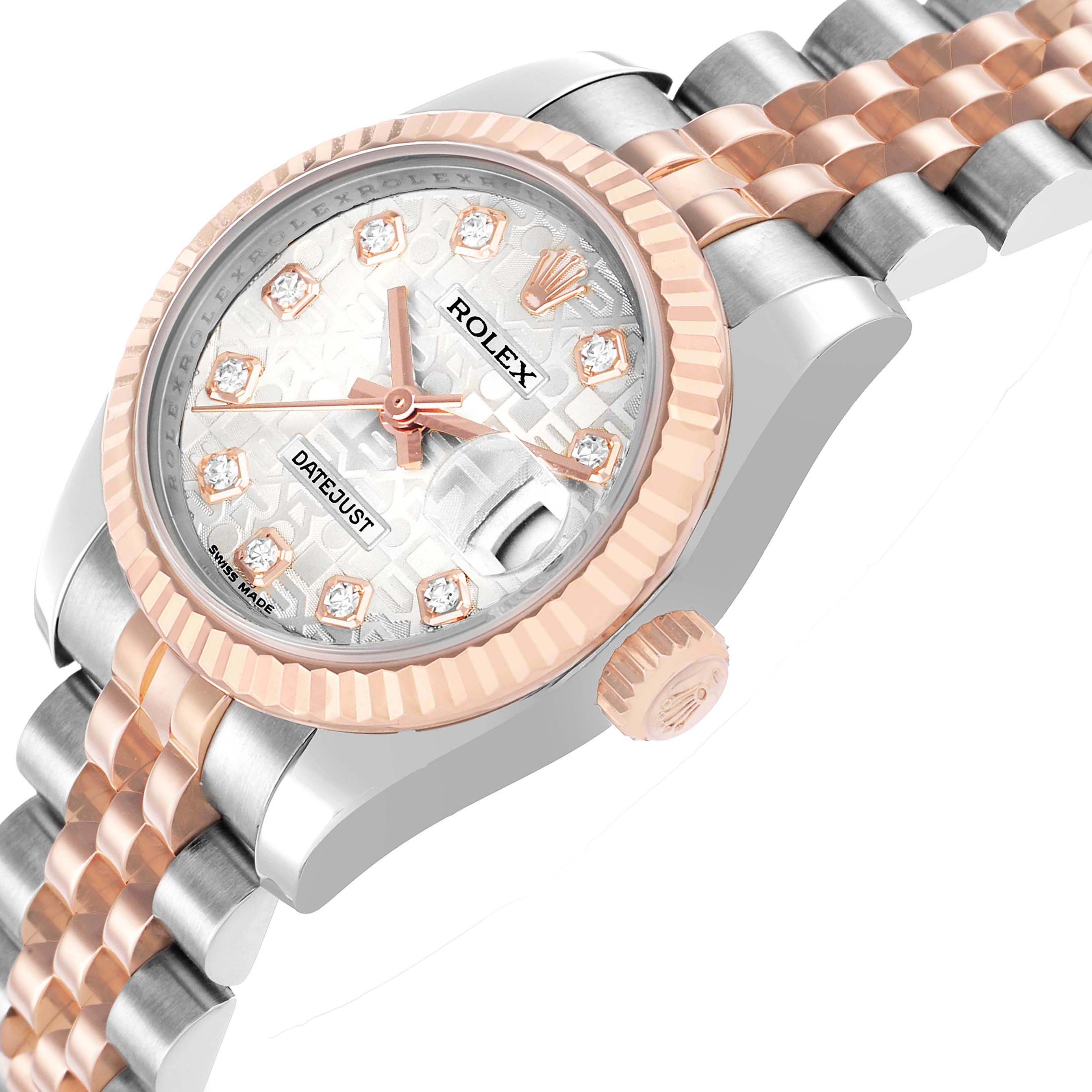 The Rolex Datejust 179171 Women's Stainless Steel Silver Dial watch is shown from a side angle, displaying the face, bezel, crown, and part of the bracelet.