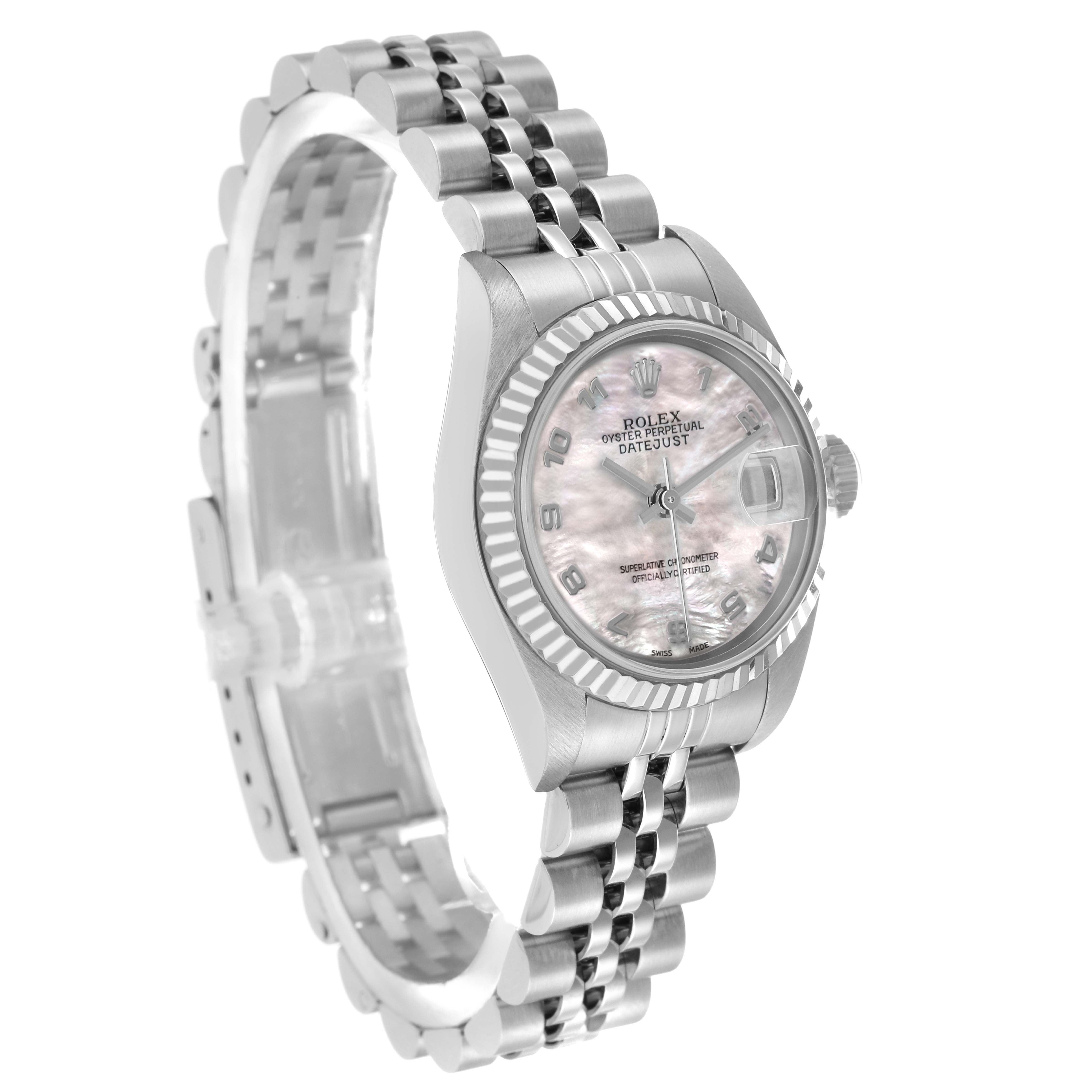 The Rolex Datejust 79174 Women's Stainless Steel Mother of Pearl Dial watch is angled to show the face, bezel, crown, and part of the Jubilee bracelet.