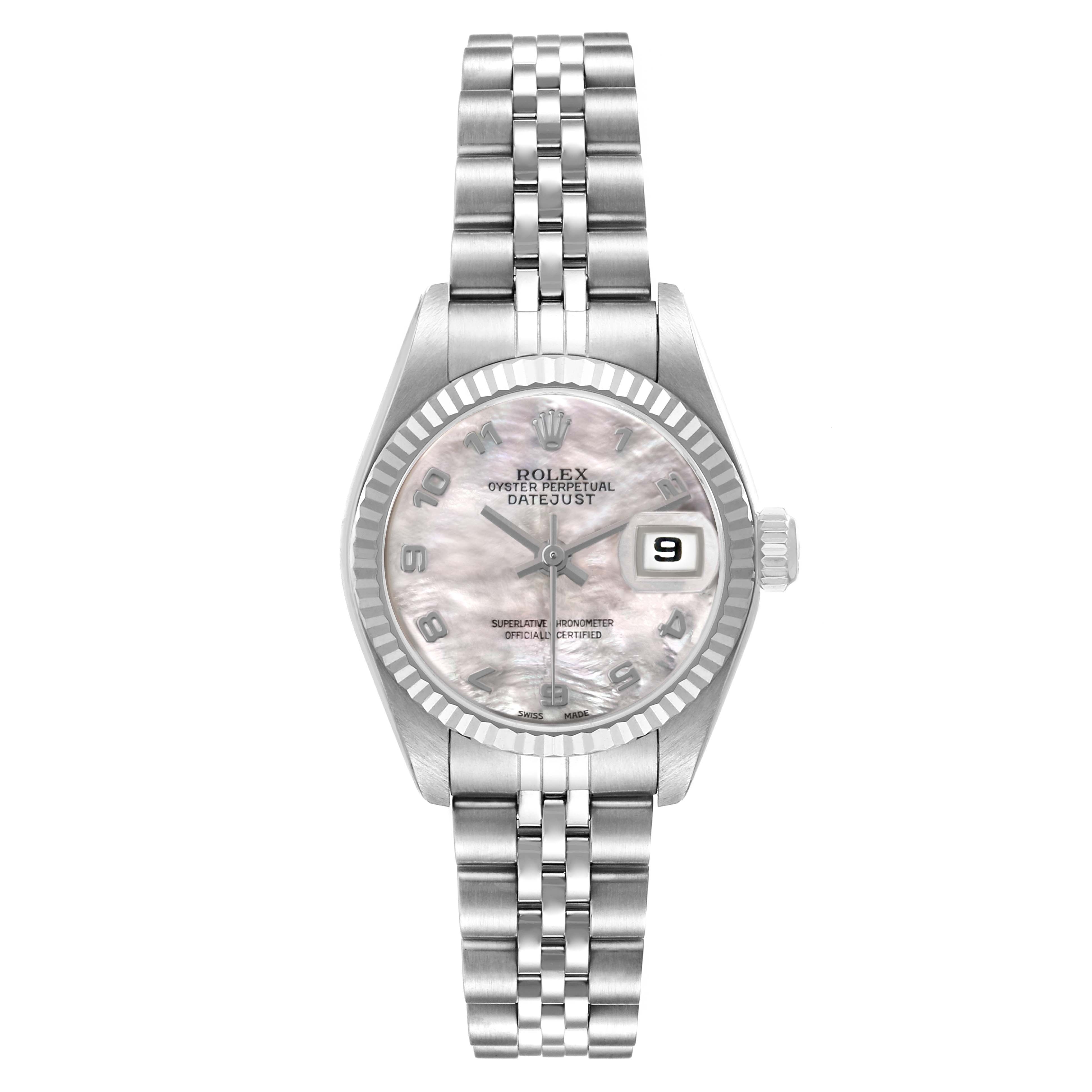 This Rolex Datejust 79174 Women's Stainless Steel Mother of Pearl Dial watch is shown from the front, highlighting its dial, bezel, and bracelet.