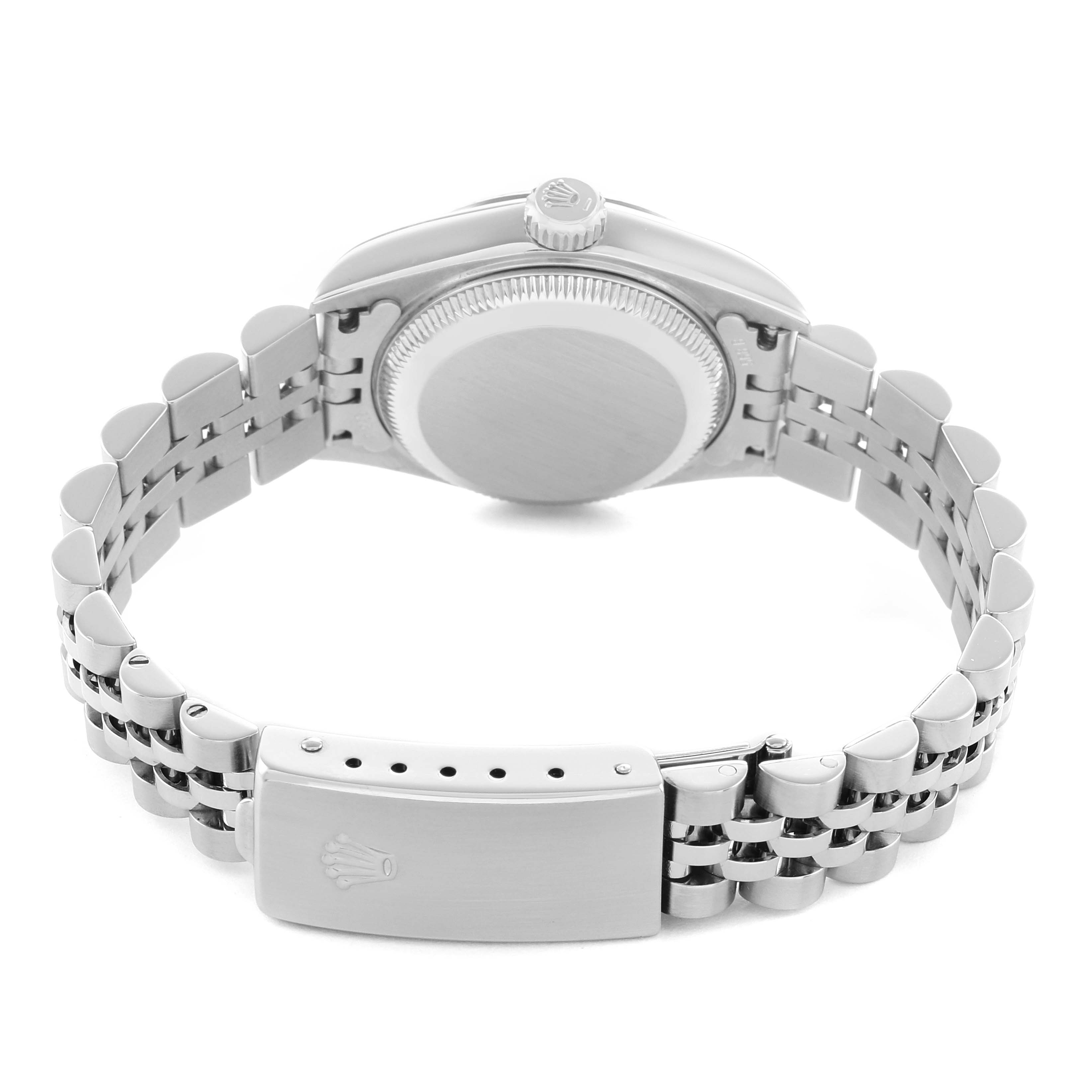 The image shows the Rolex Datejust 79174 Women's Stainless Steel Mother of Pearl Dial watch from the back, highlighting the clasp, bracelet, and partially the case back.