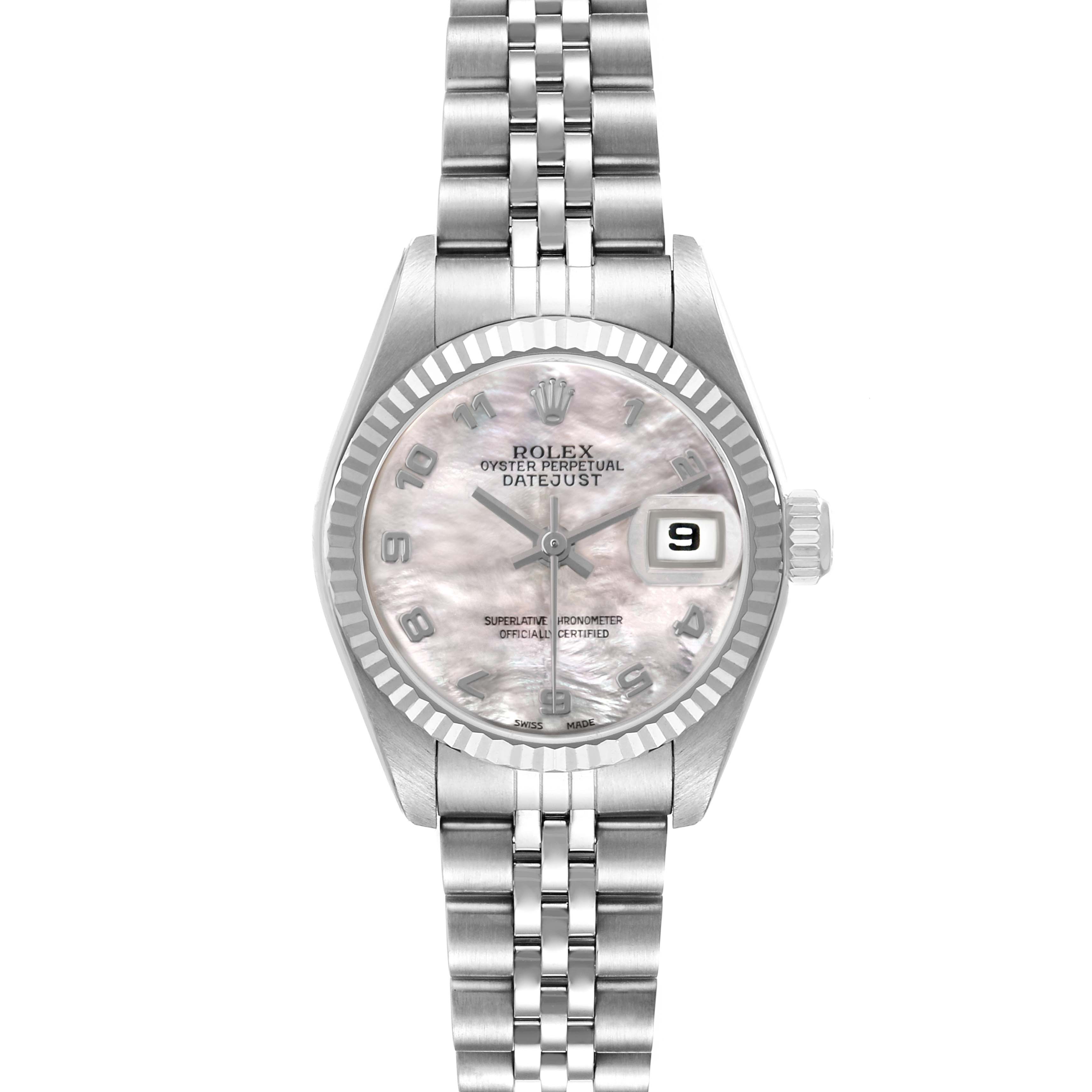 The Rolex Datejust 79174 Women's Stainless Steel Mother of Pearl Dial watch is shown from a front angle, displaying its face, bezel, bracelet, and crown.