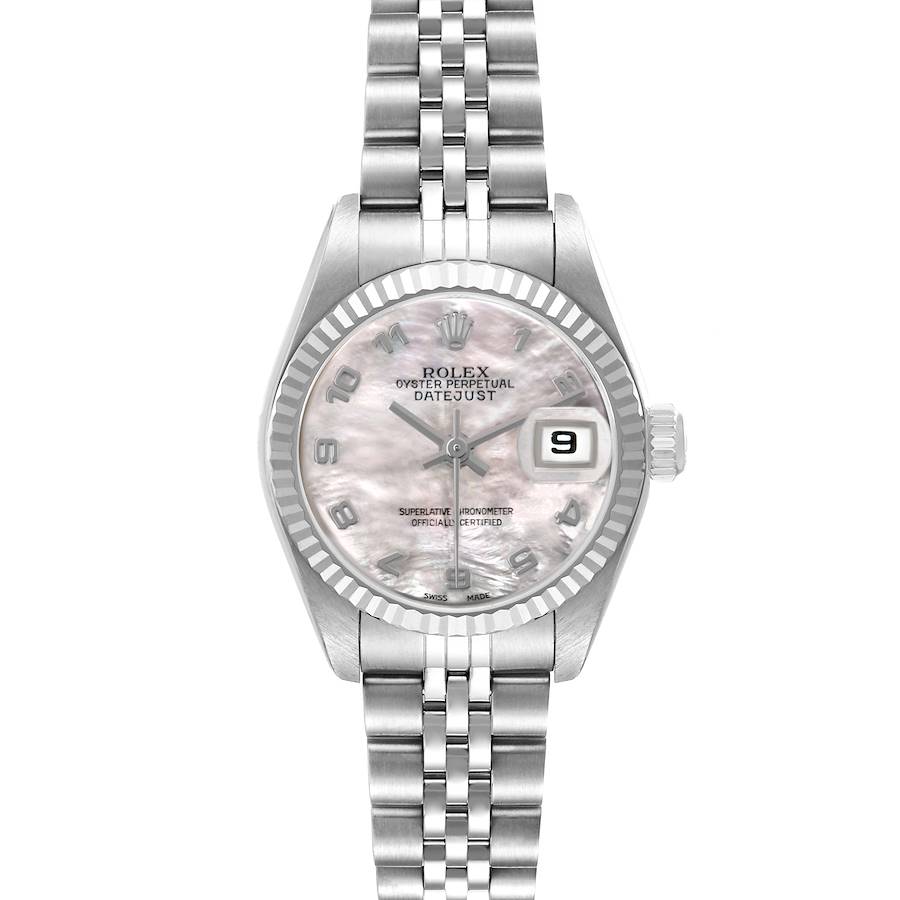 The Rolex Datejust 79174 Women's Stainless Steel Mother of Pearl Dial watch is shown from a front angle, displaying its face, bezel, bracelet, and crown.