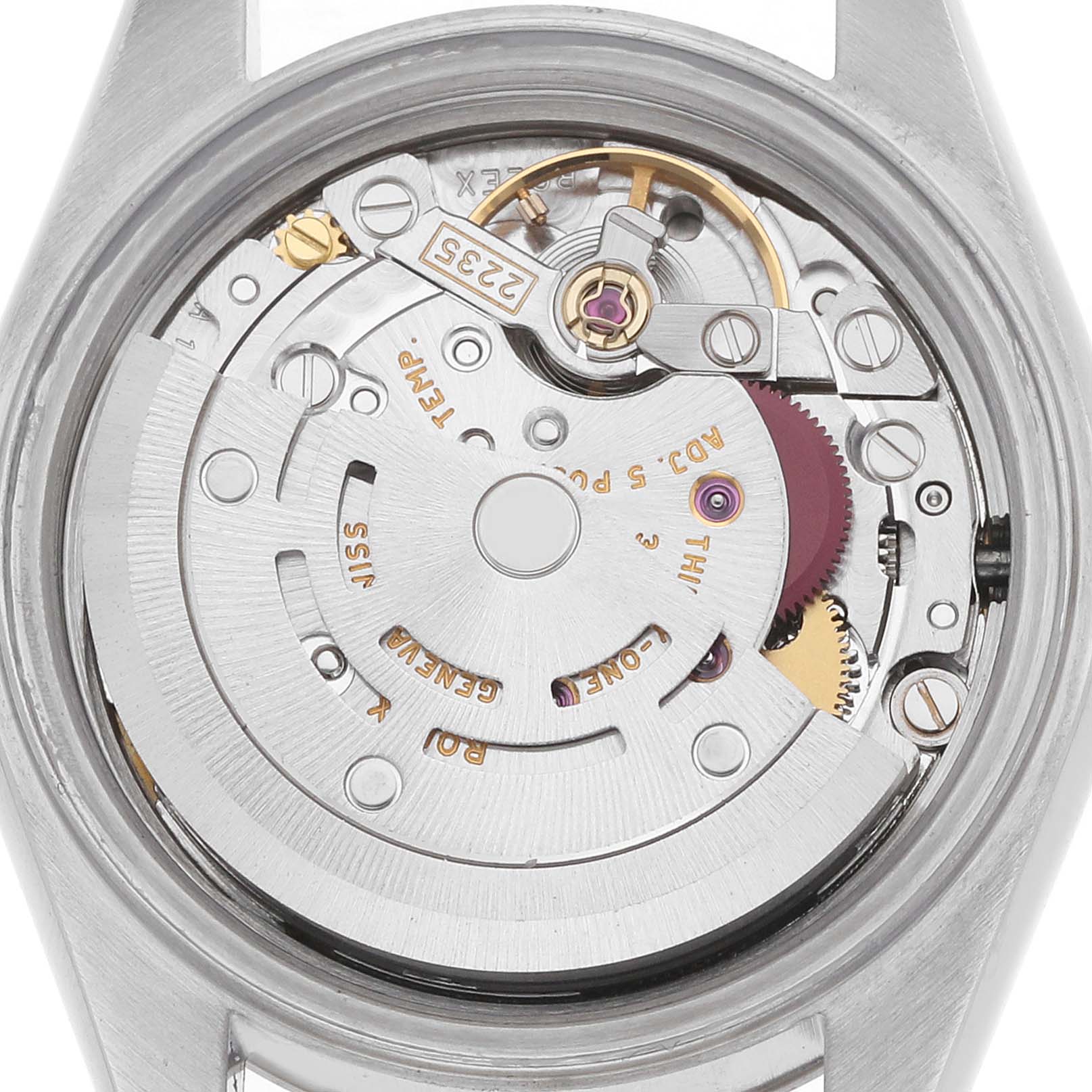 The image shows the reverse angle of the Rolex Datejust 79174 Women's Stainless Steel Mother of Pearl Dial, highlighting its intricate movement and components.