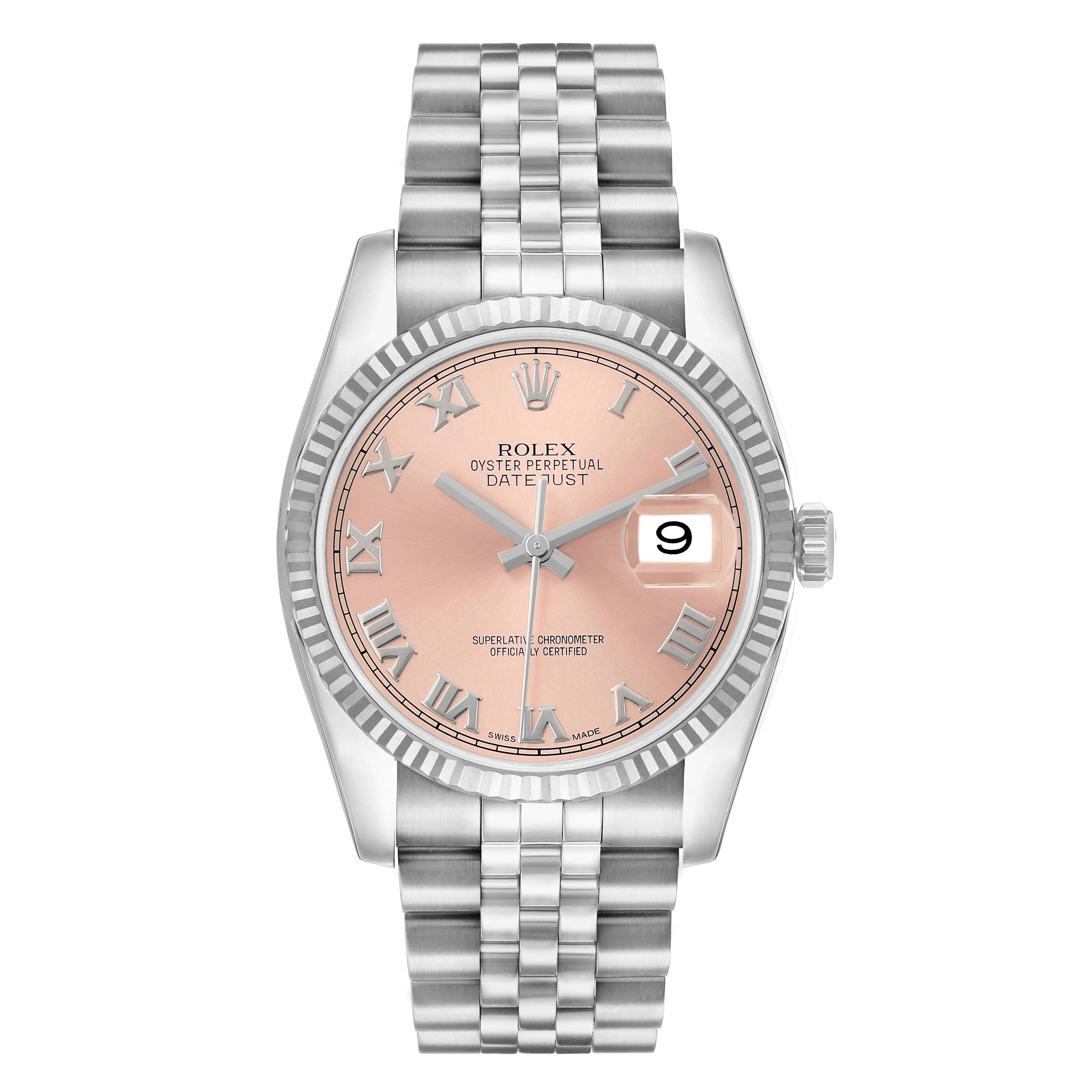 The watch is a Rolex Datejust 116234 Men's Stainless Steel Pink Dial, shown from a top-down angle, displaying the full face, bezel, bracelet, and crown.