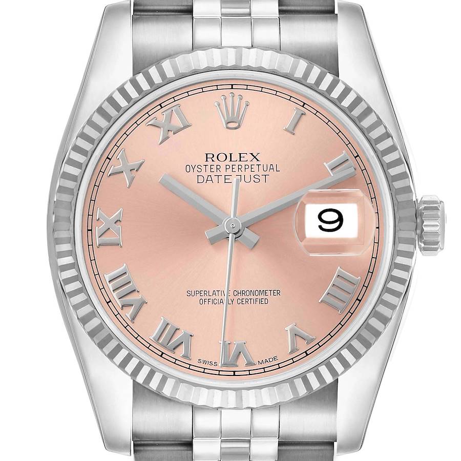 The Rolex Datejust 116234 Men's Stainless Steel Pink Dial watch is shown from a front angle, highlighting the dial, hands, date window, and part of the bracelet.
