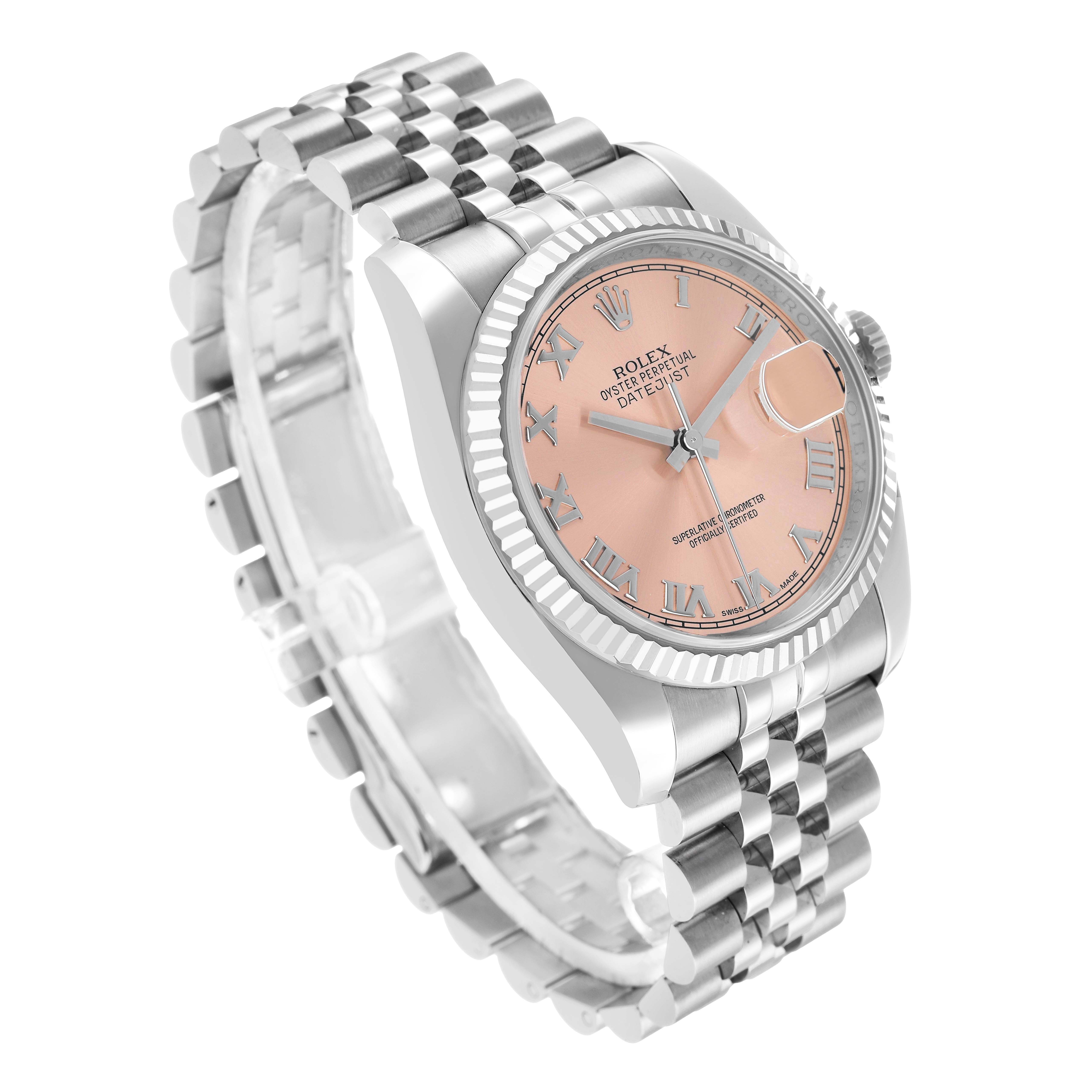 The Rolex Datejust 116234 Men's Stainless Steel Pink Dial watch is shown at a three-quarter angle, highlighting the dial, bezel, crown, and part of the bracelet.