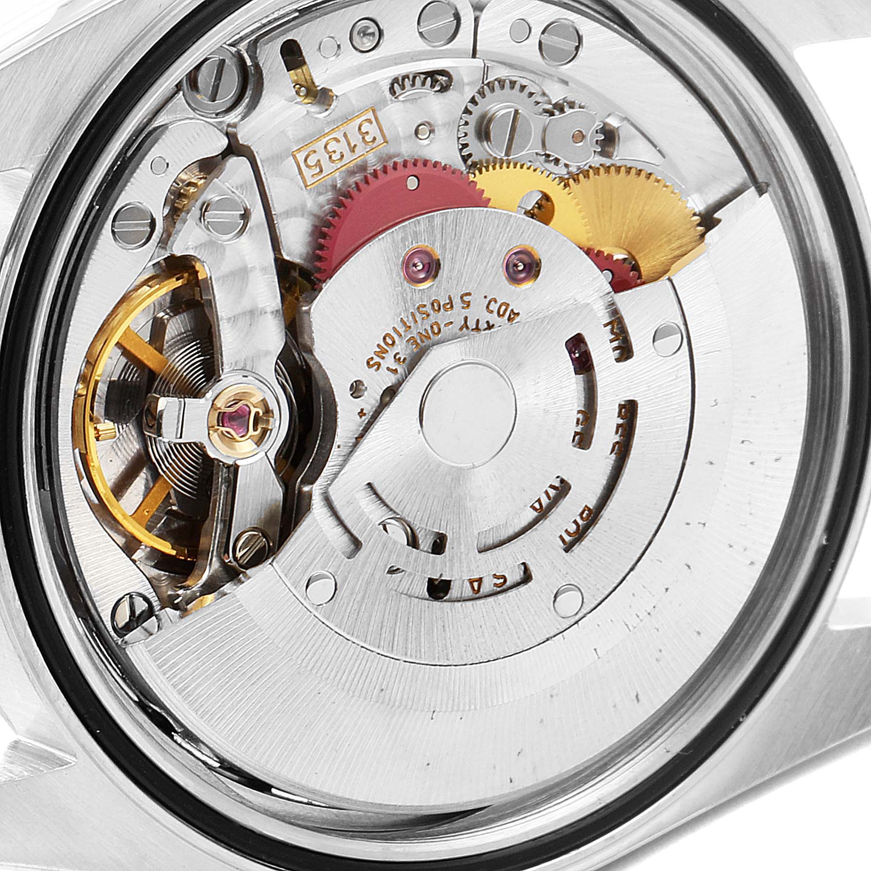 The image shows the internal movement components of the Rolex Datejust 16233 Men's Steel and Gold (two tone) Black Dial 16233 Men's Steel and Gold (two tone) Black Dial watch from a back view angle.