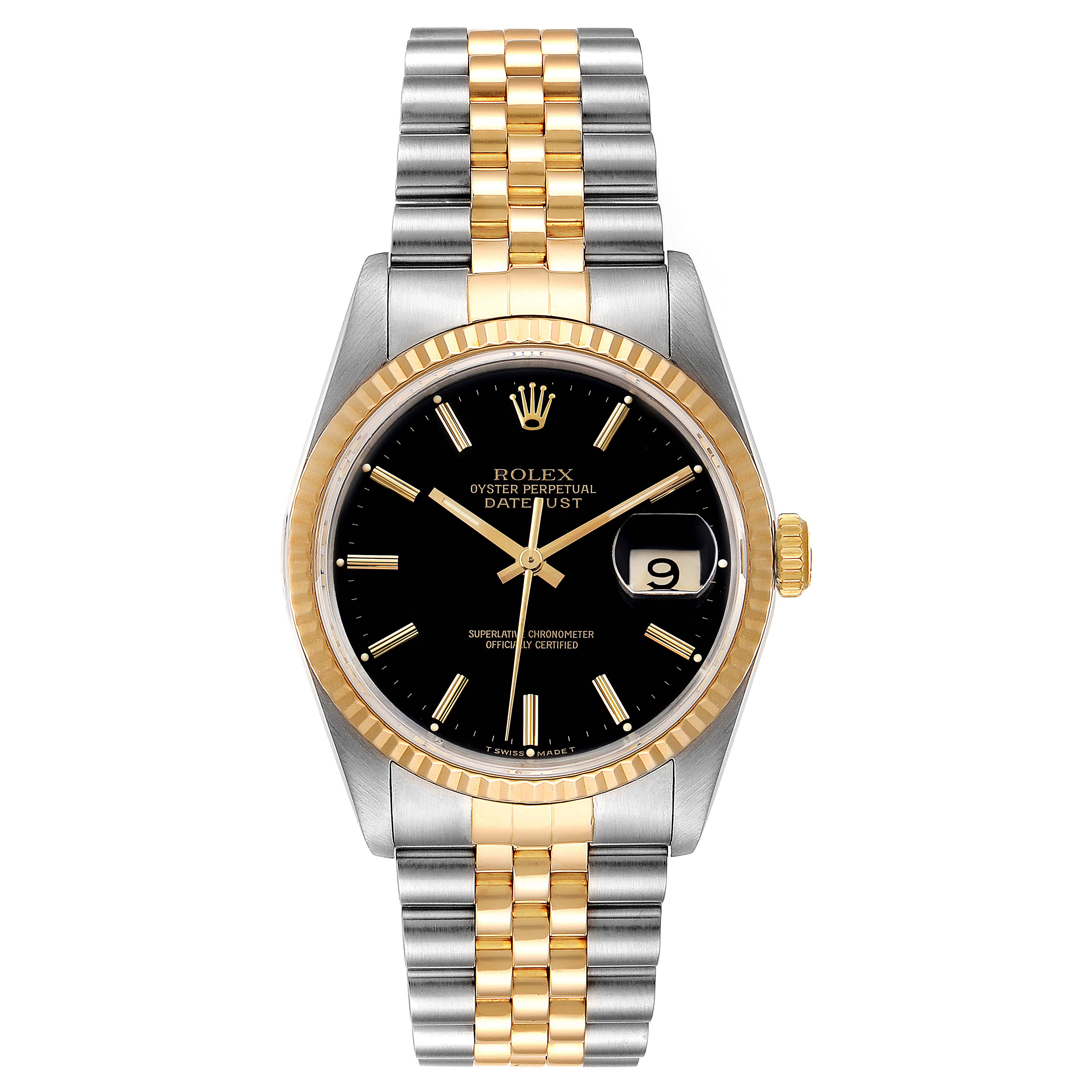 This image shows a frontal view of a Rolex Datejust 16233 Men's Steel and Gold (two tone) Black Dial 16233 Men's Steel and Gold (two tone) Black Dial watch, highlighting the dial, bezel, and two-tone bracelet.
