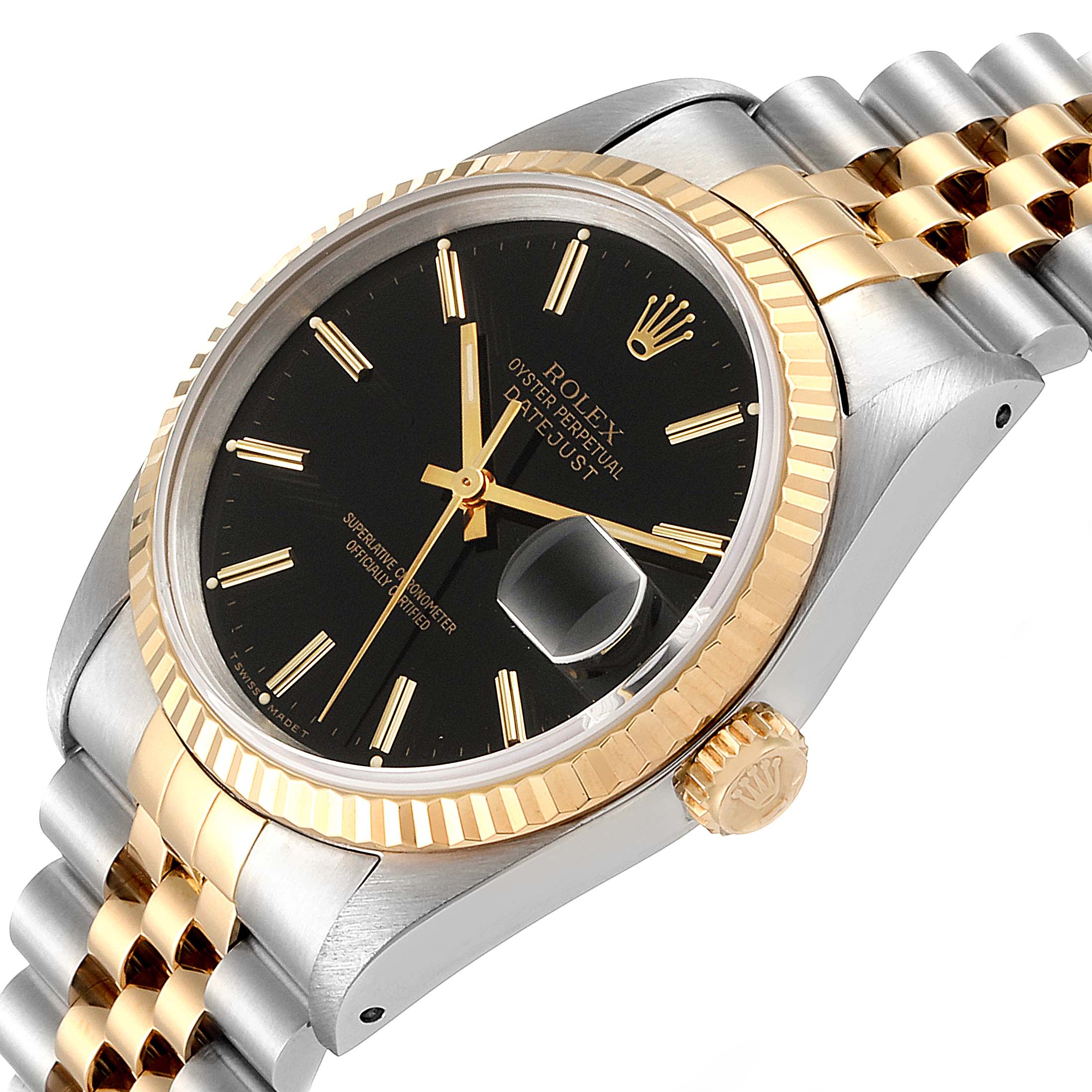 This image shows a Rolex Datejust 16233 Men's Steel and Gold (two tone) Black Dial 16233 Men's Steel and Gold (two tone) Black Dial watch from a 1 o'clock angle, highlighting its black dial, gold bezel, and bi-metal bracelet.