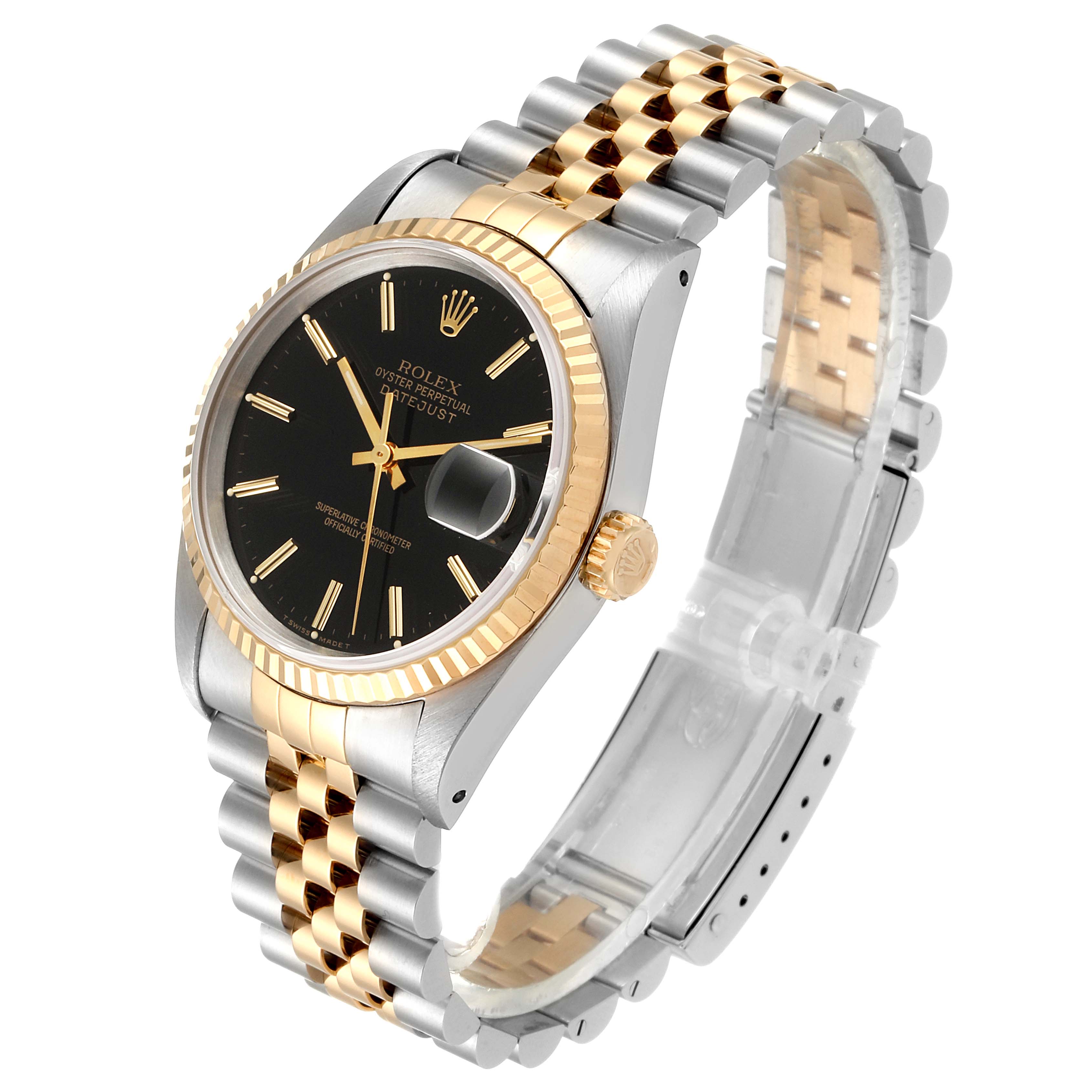 The image shows a side angle of a Rolex Datejust 16233 Men's Steel and Gold (two tone) Black Dial 16233 Men's Steel and Gold (two tone) Black Dial watch, highlighting the black dial, fluted bezel, and two-tone bracelet.