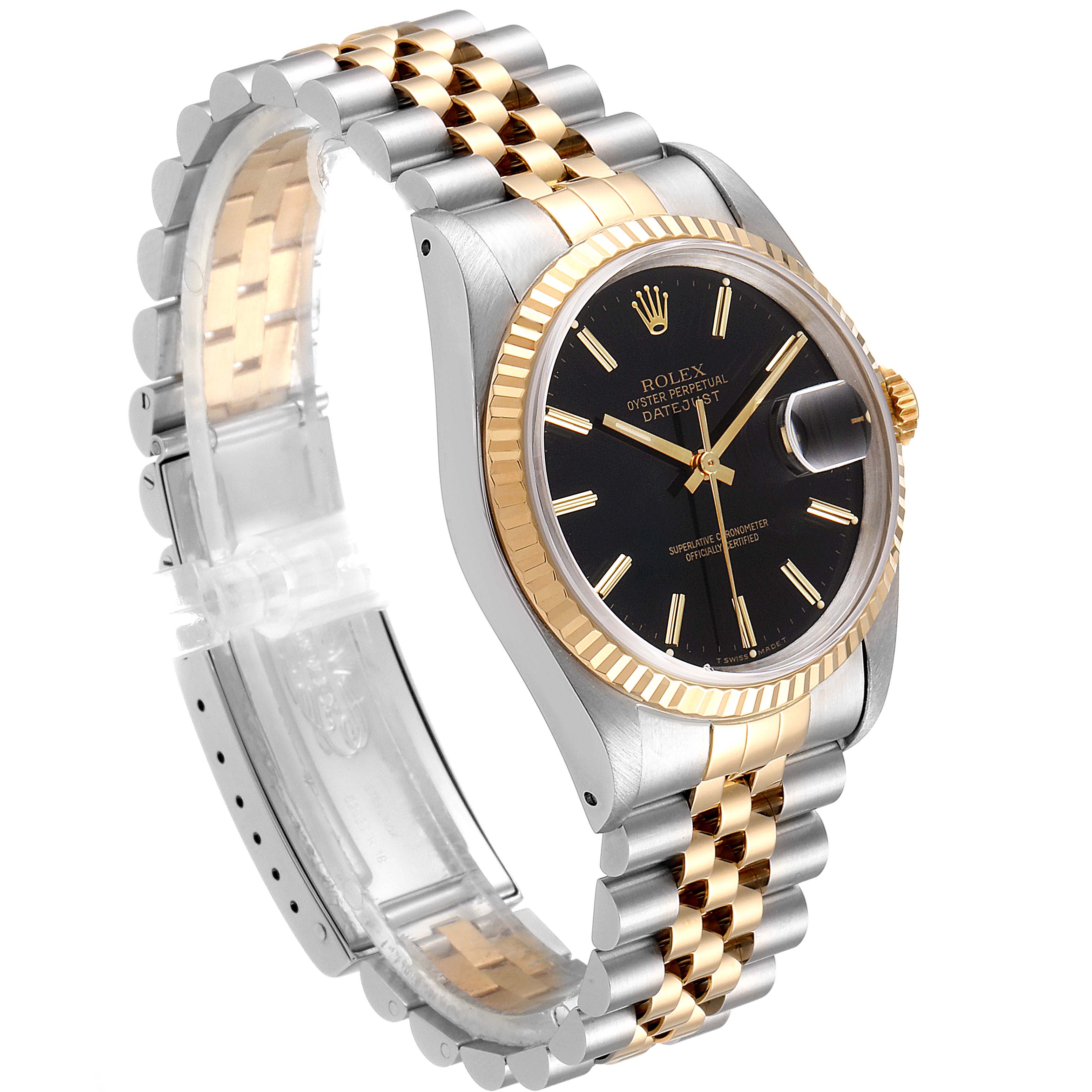 The Rolex Datejust 16233 Men's Steel and Gold (two tone) Black Dial 16233 Men's Steel and Gold (two tone) Black Dial watch is shown at an oblique angle, displaying the face, bezel, crown, and two-tone bracelet.
