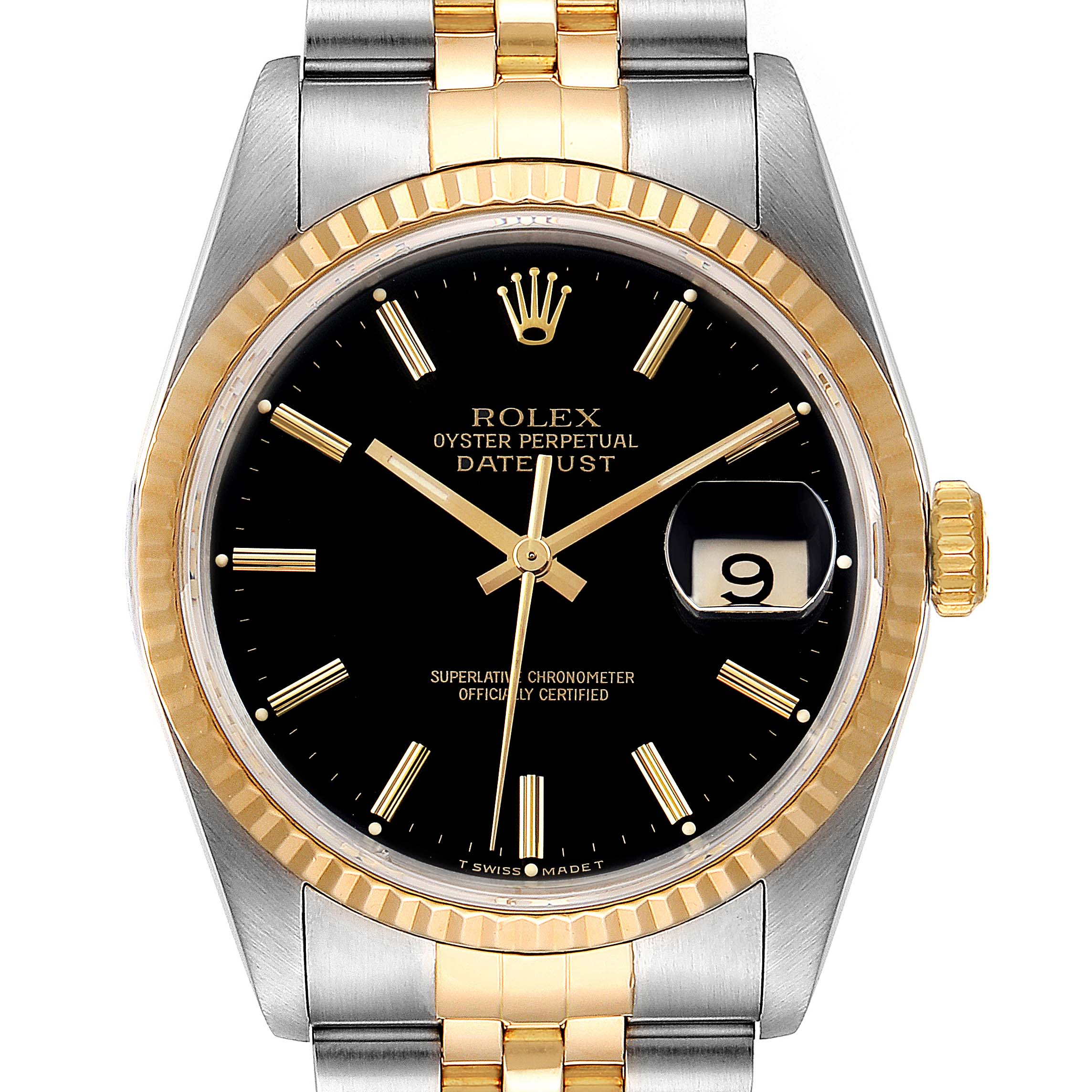 This image shows a front view of the Rolex Datejust 16233 Men's Steel and Gold (two tone) Black Dial 16233 Men's Steel and Gold (two tone) Black Dial, displaying its dial, bezel, and bracelet.