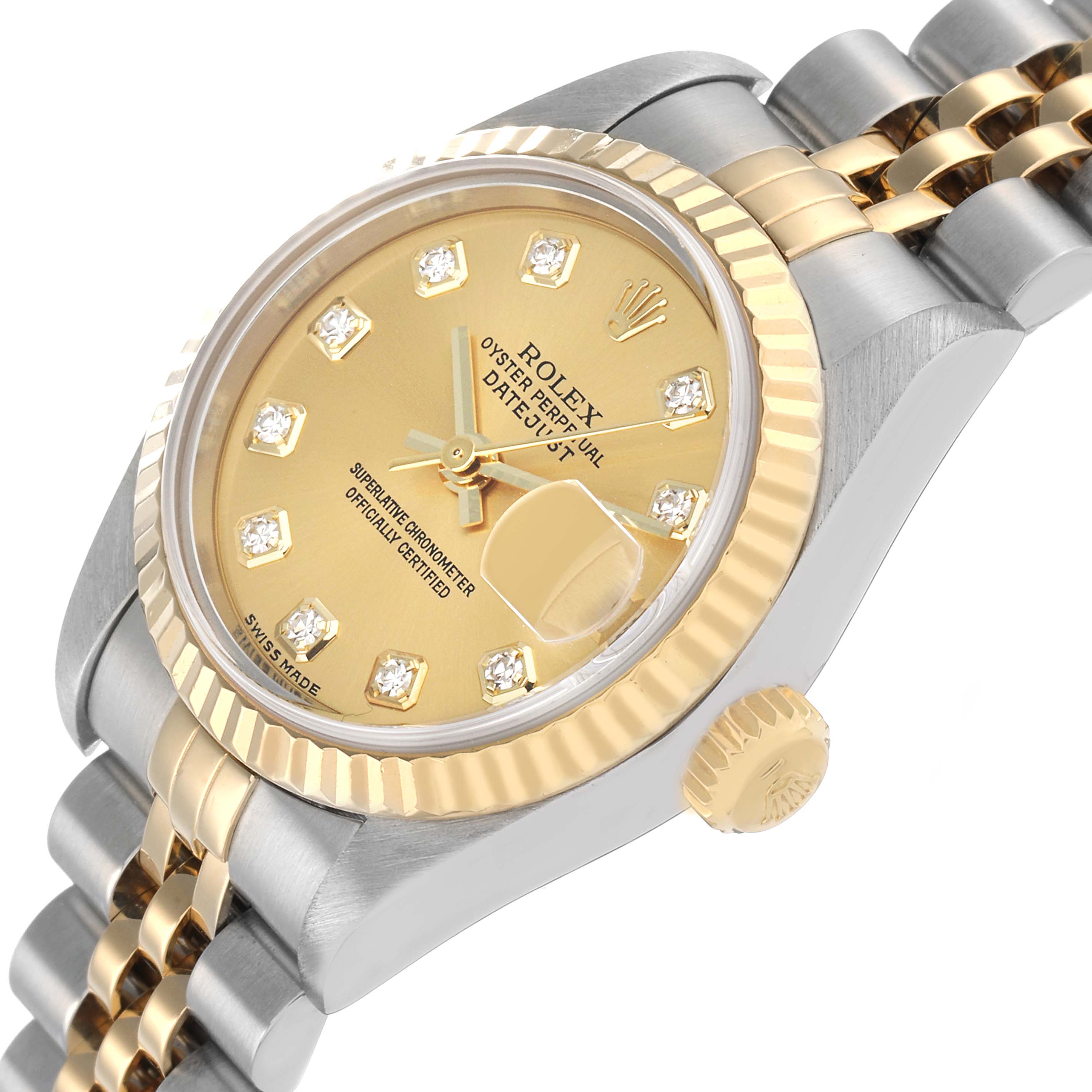 The Rolex Datejust 79173 Women's Steel and Gold (two tone) Champagne Dial watch is shown at a slight side angle, highlighting the gold bezel, dial, and two-tone bracelet.